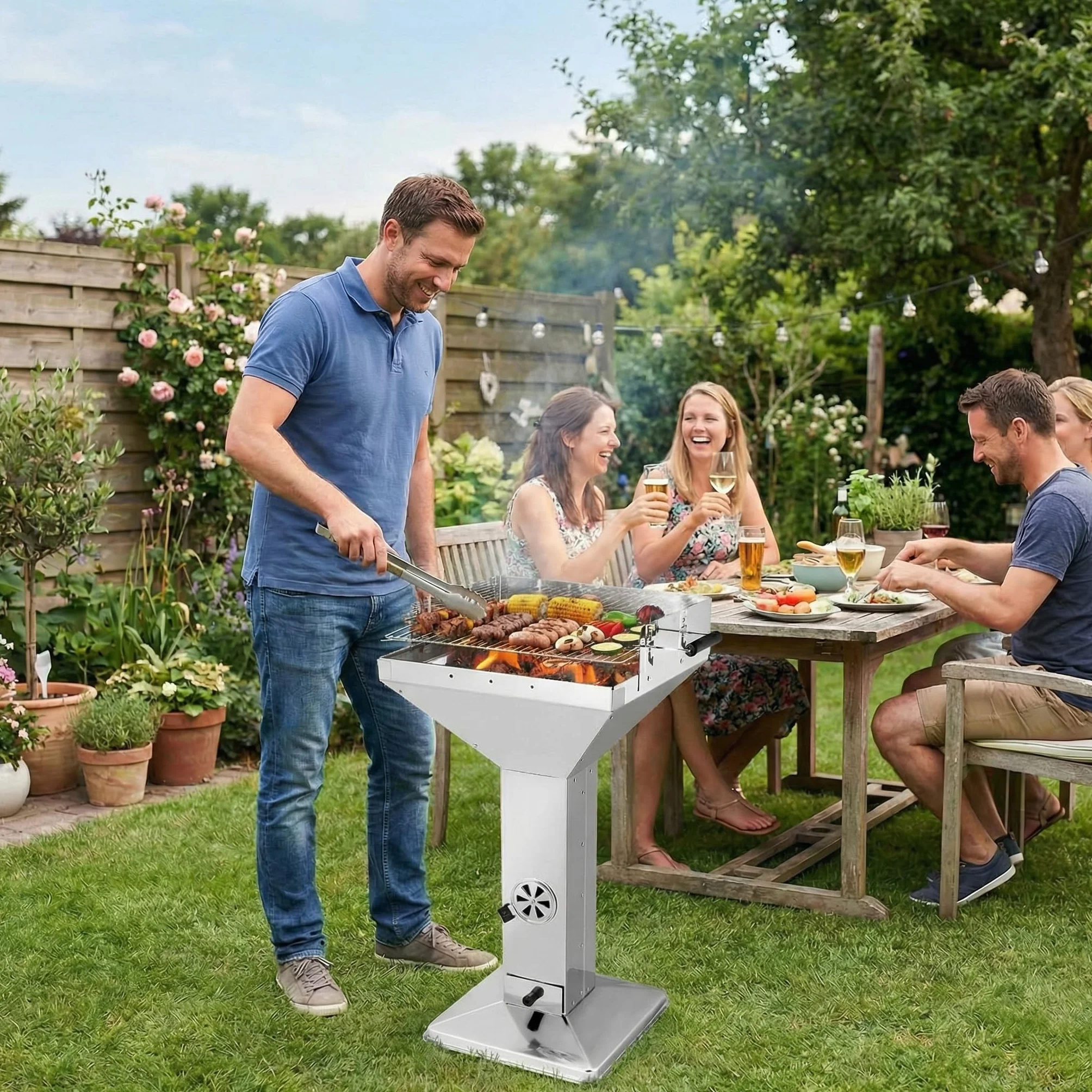 TLGREEN Barbecue a colonna in acciaio inox 63x48x92cm con griglia cromata e altezza regolabile