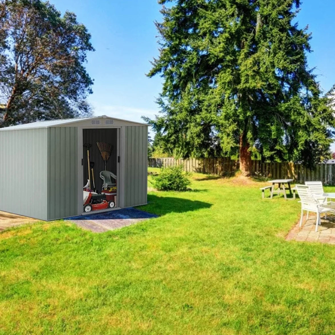 RELAX4LIFE Casetta da Giardino 5.26 m² 9.246 m³, 257x205x175,5 cm, in Lamiera d'Acciaio con 2 Porte Scorrevoli e 4 Sfoghi, Tetto Inclinato, per Porta Attrezzi, Tosaerba