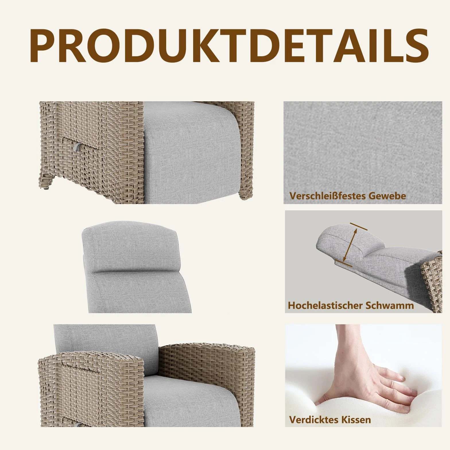 Sedia da Giardino in Rattan, Sedia Sdraio Imbottita da Casa, Portata 200 Kg, Schienale Regolabile a 160°, Tavolino Laterale Integrato, Adatta Per Giardino, Piscina, Balcone (Grigio Marrone, 1pack)