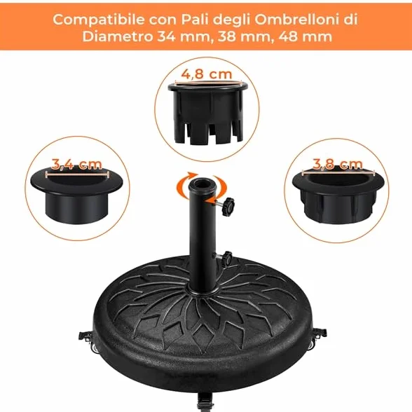 Yaheetech Base per Ombrellone da Giardino 24,7 kg in Resina e Metallo con 4 Ruote e Freni per Pali da Ø34/38/48mm con 2 Manopole Cortile Piscina Esterno Nero