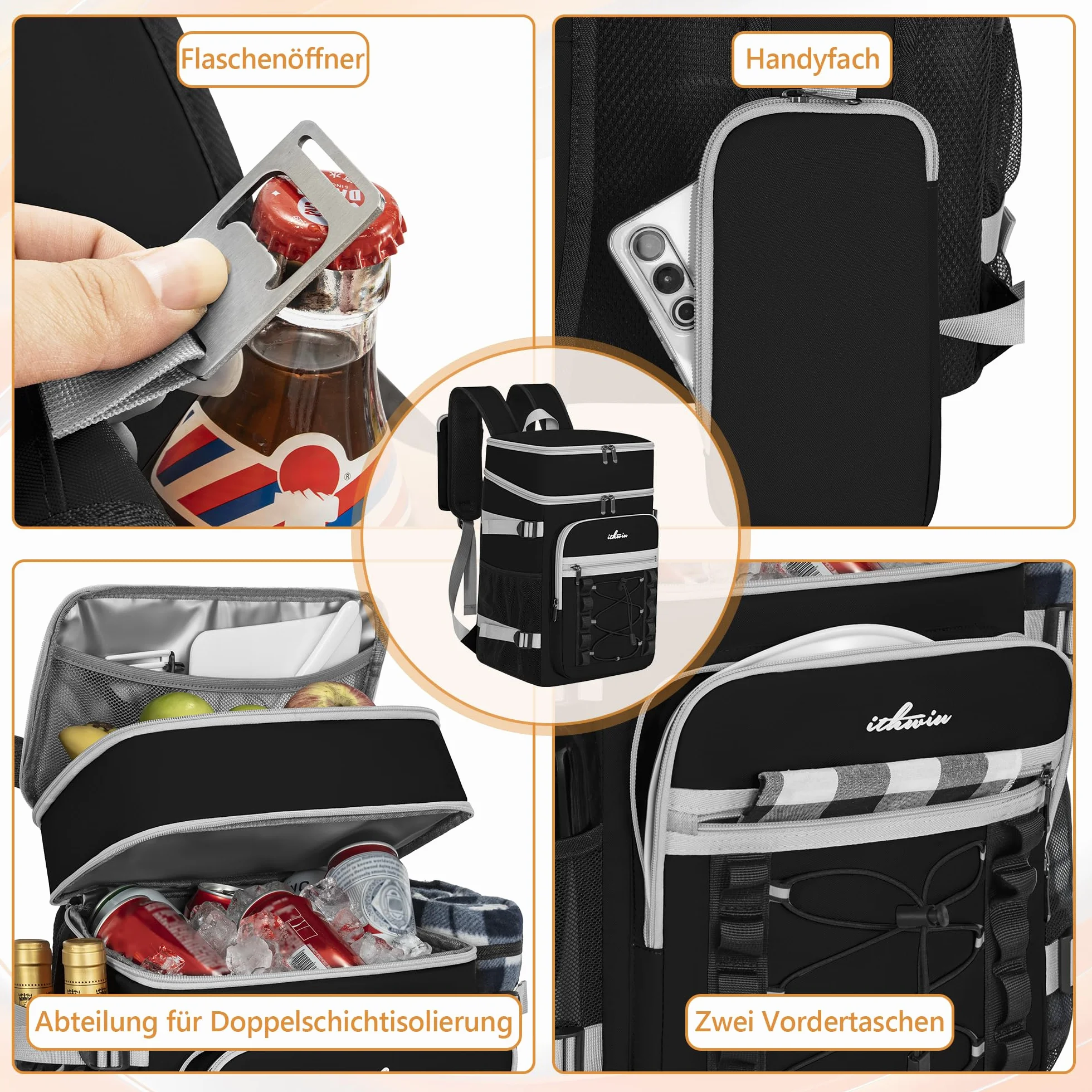 OUUTMEE Zaino refrigerante impermeabile a doppio strato per picnic, spiaggia, escursioni, nero