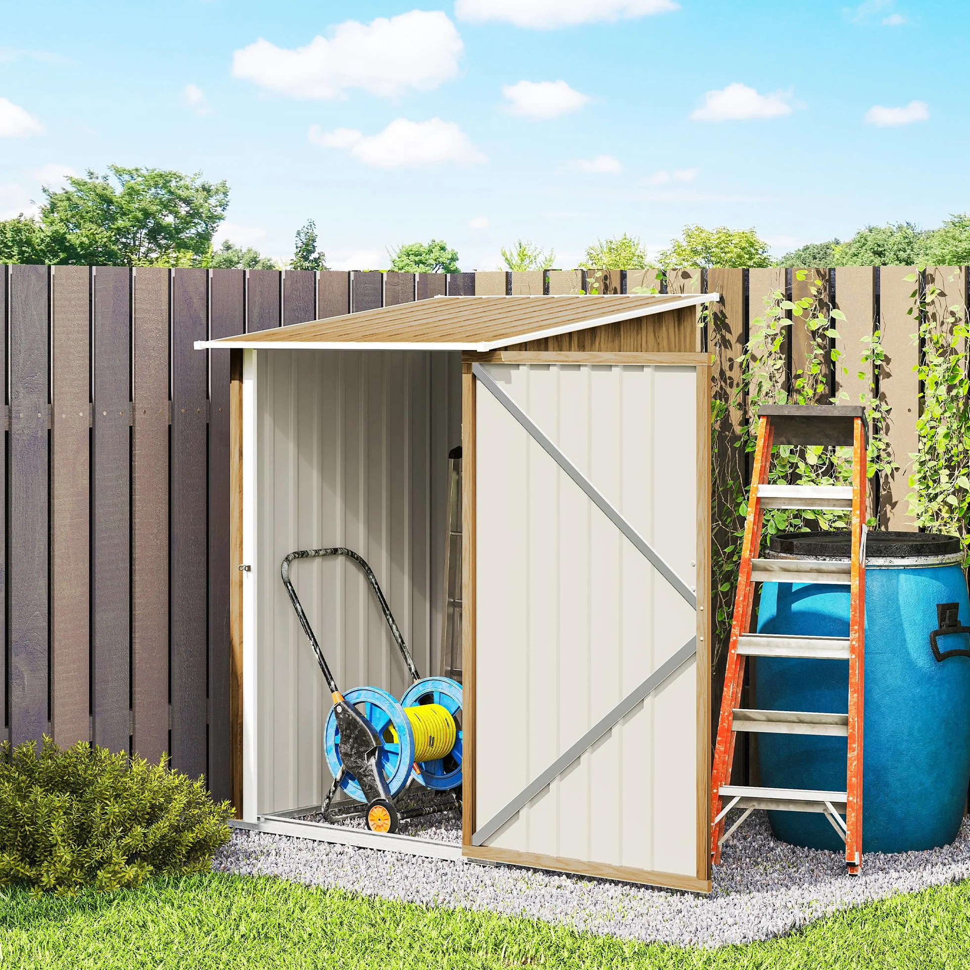 Outsunny Casetta da Giardino 0.92m² Acciaio Zincato 100x104x160 cm Marrone Chiaro Effetto Legno