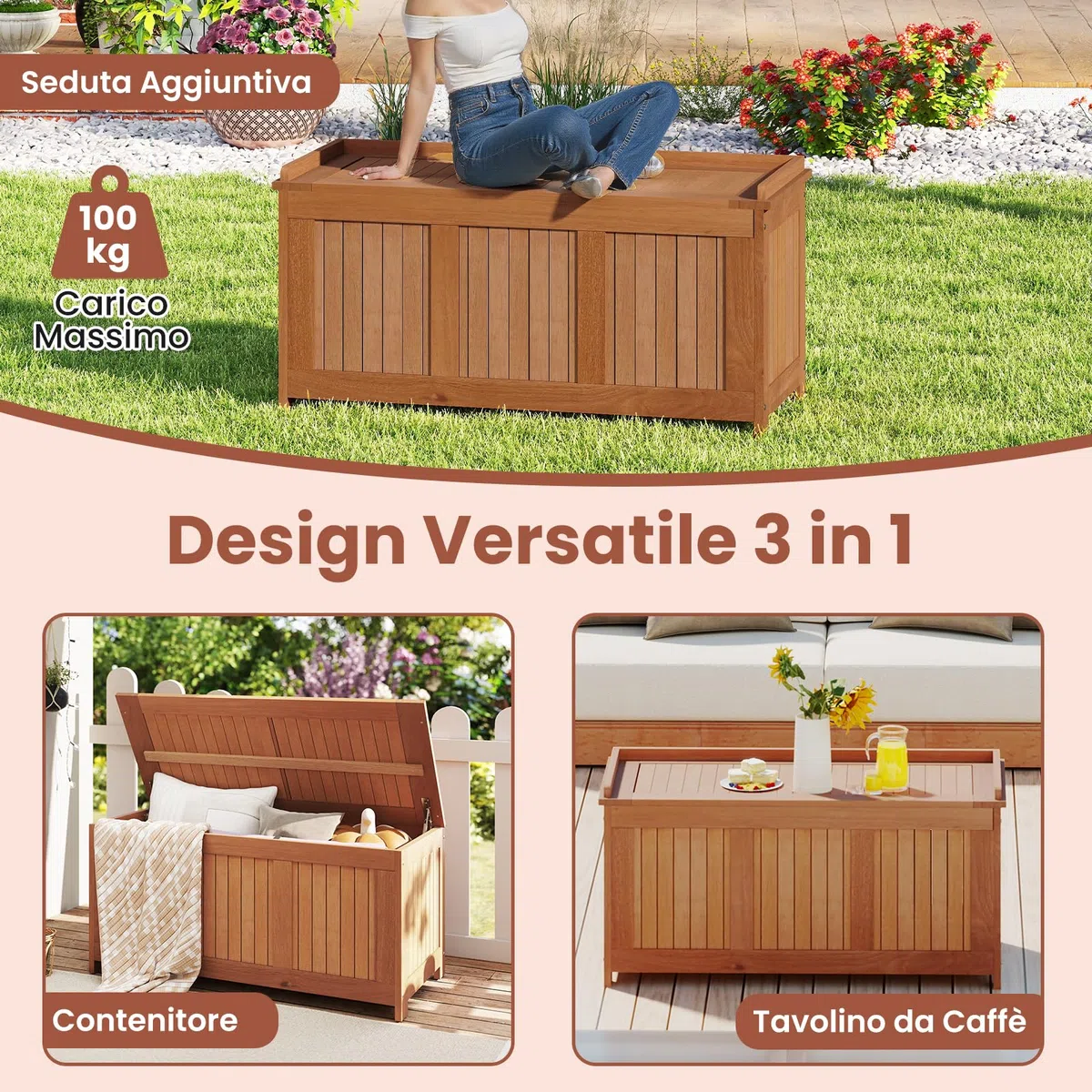 COSTWAY Baule da Giardino 220L, 3 in 1 Cassapanca Contenitore in Legno Massello con Coperchio Ribaltabile e Bordi Rialzati, Panca Portaoggetti per Interni e Esterni, 113,5 x 52 x 58,5 cm