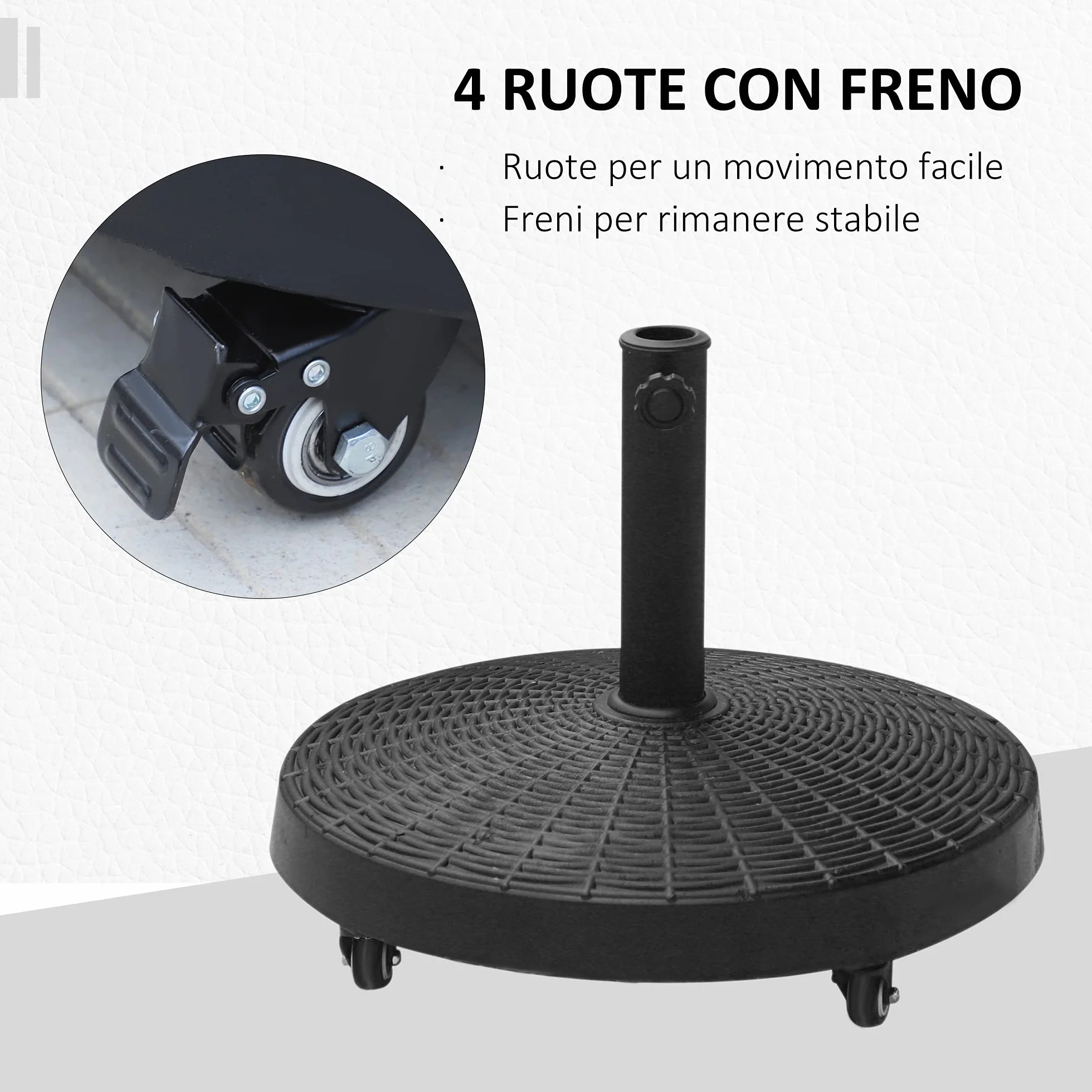 Outsunny Base per Ombrellone da Giardino Rotonda a 4 Ruote con Freni, Base Ombrellone in Metallo e Resina, per Pali di Ombrelloni da Ø38/48 mm, Ø52x41 cm, Nero
