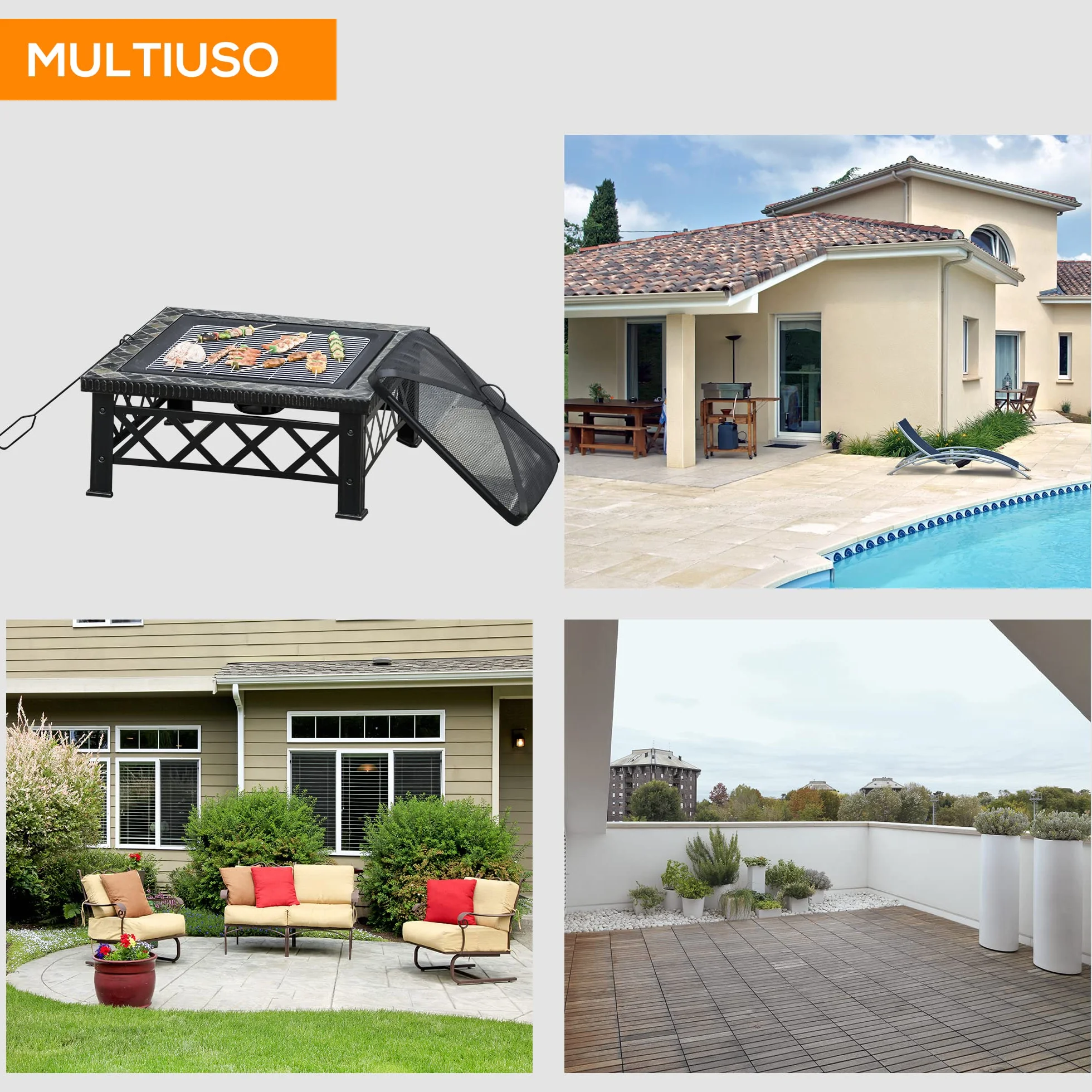 Outsunny Braciere da Giardino 76x76x47cm Nero con Coperchio Parascintille e Griglia per Barbecue