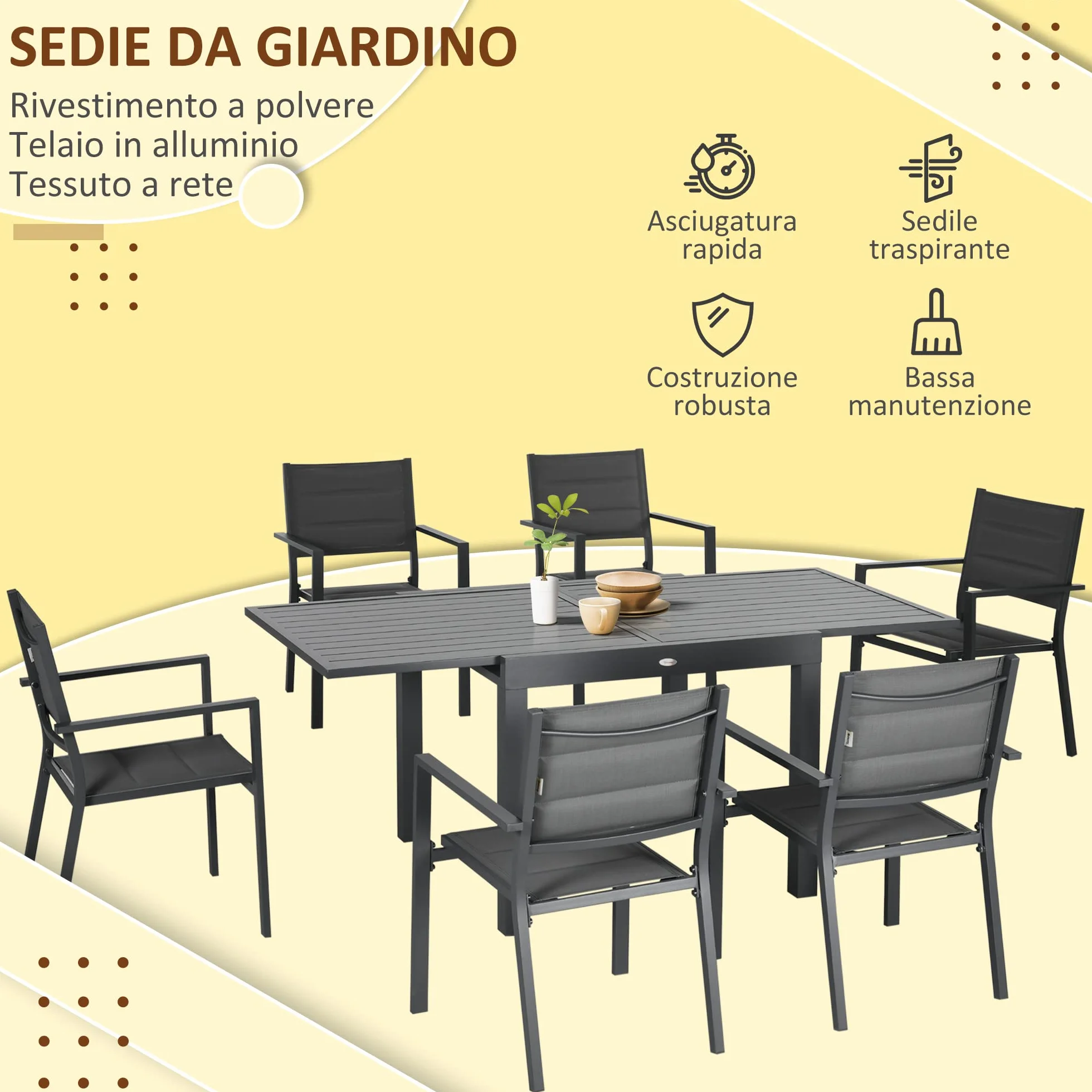 Outsunny Set da Giardino in Alluminio 7 Pezzi Tavolo Rettangolare Allungabile 6 Sedie Grigio