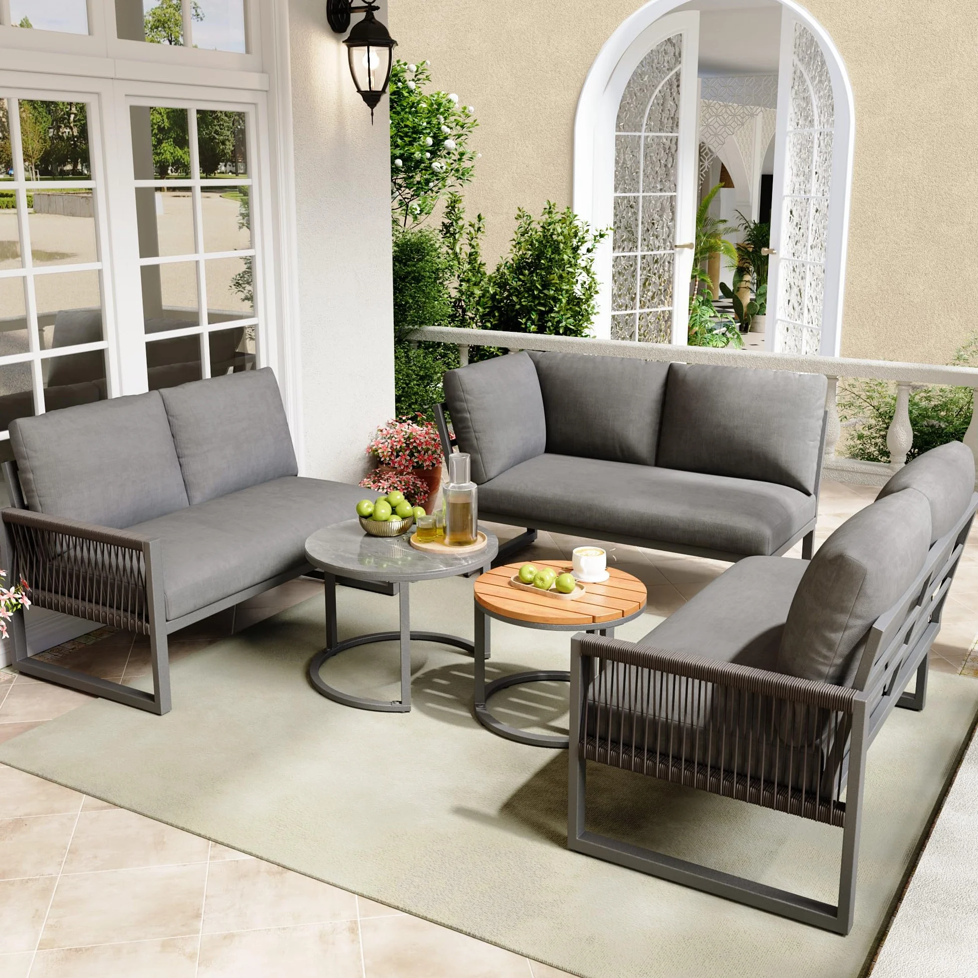 Soweiz Set di mobili da giardino per 6-7 persone divano ad angolo ferro zincato gambe regolabili cuscini seduta schiena 123x68x86 cm