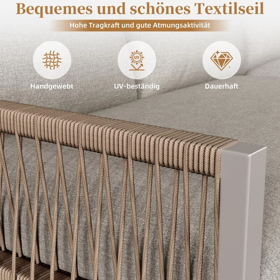 Set salotto da giardino, set di mobili per 6-7 persone, divano angolare con struttura in ferro zincato, gambe regolabili, compresi tutti i cuscini di seduta e schienale, beige