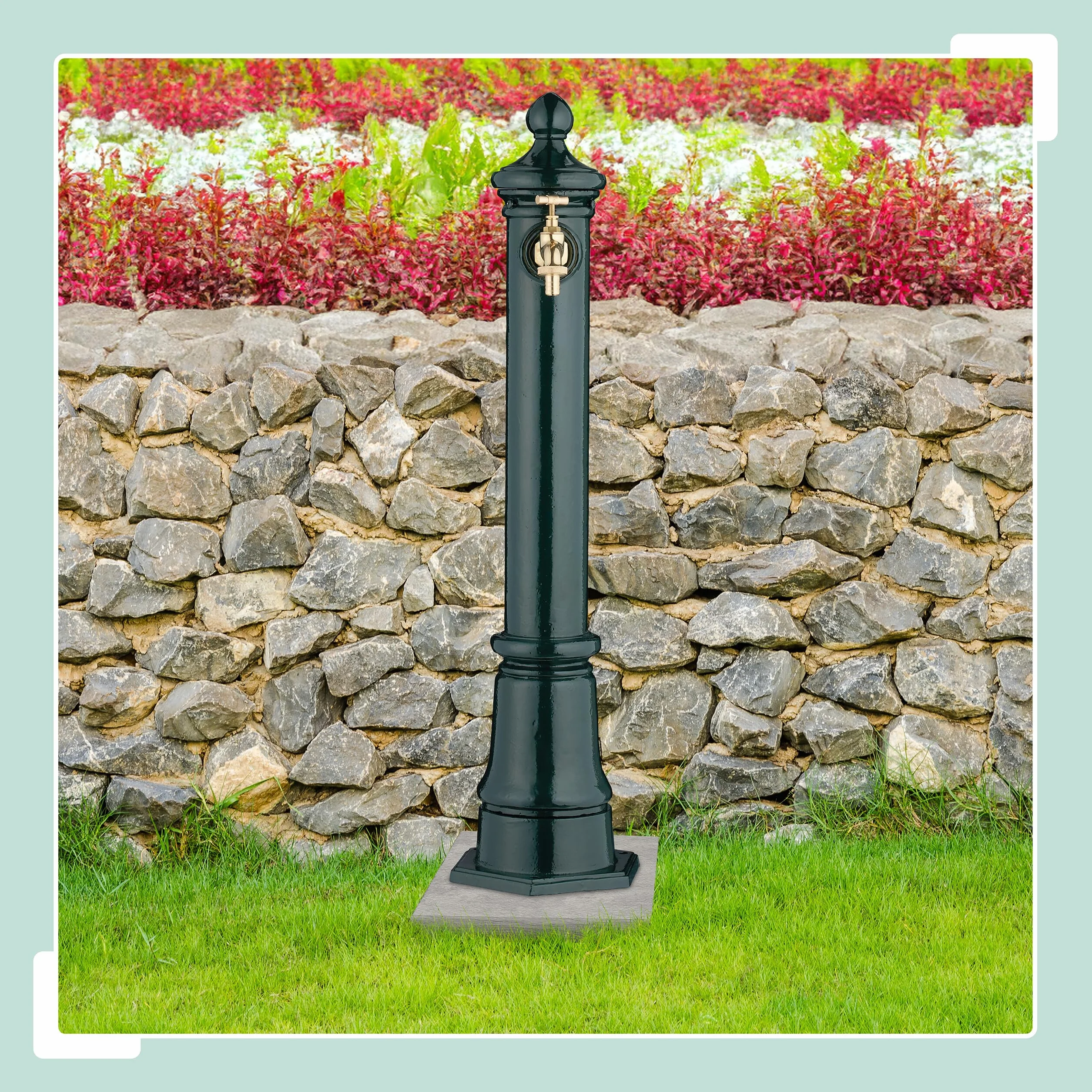 Relaxdays Fontana da Giardino in Stile Antico, Fontanella a Colonna con Rubinetto Acqua, HLP: 80x18x20,5 cm, Verde Scuro