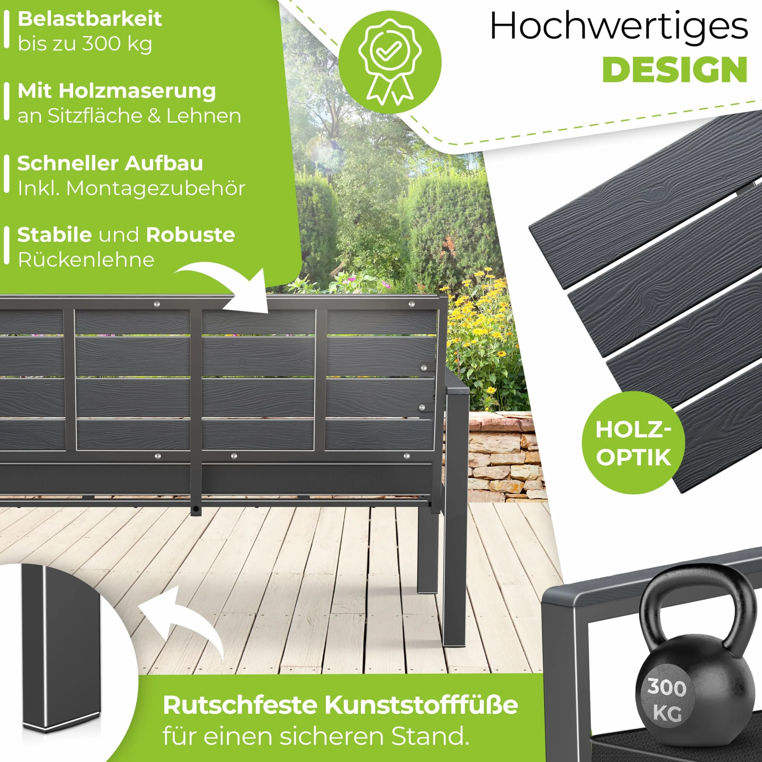 KESSER® Panca da giardino con cuscino, resistente alle intemperie, 2 posti, effetto legno, per balcone, terrazza, balcone, portata fino a 300 kg, resistente ai raggi UV, con rivestimento imbottito