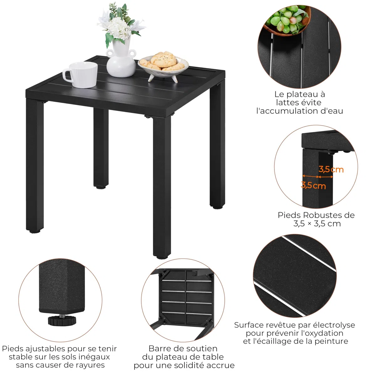 Yaheetech Tavolo da Giardino Esterno Quadrato in Metallo 45×45×45,5 cm Nero