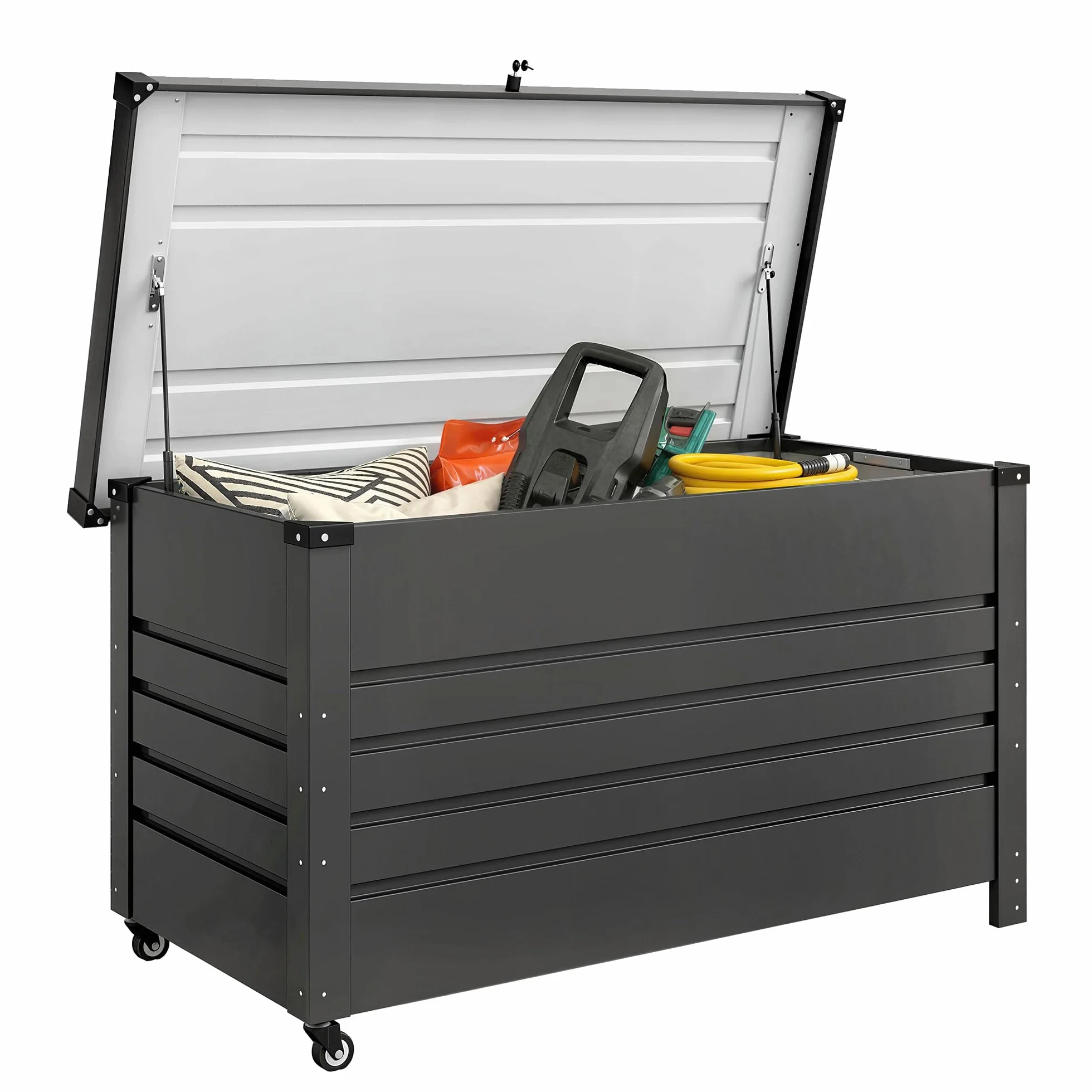Outsunny Baule da Esterno 350L Acciaio Rinforzato con Coperchio Bloccabile, Pistoni a Gas, Ruote, Grigio