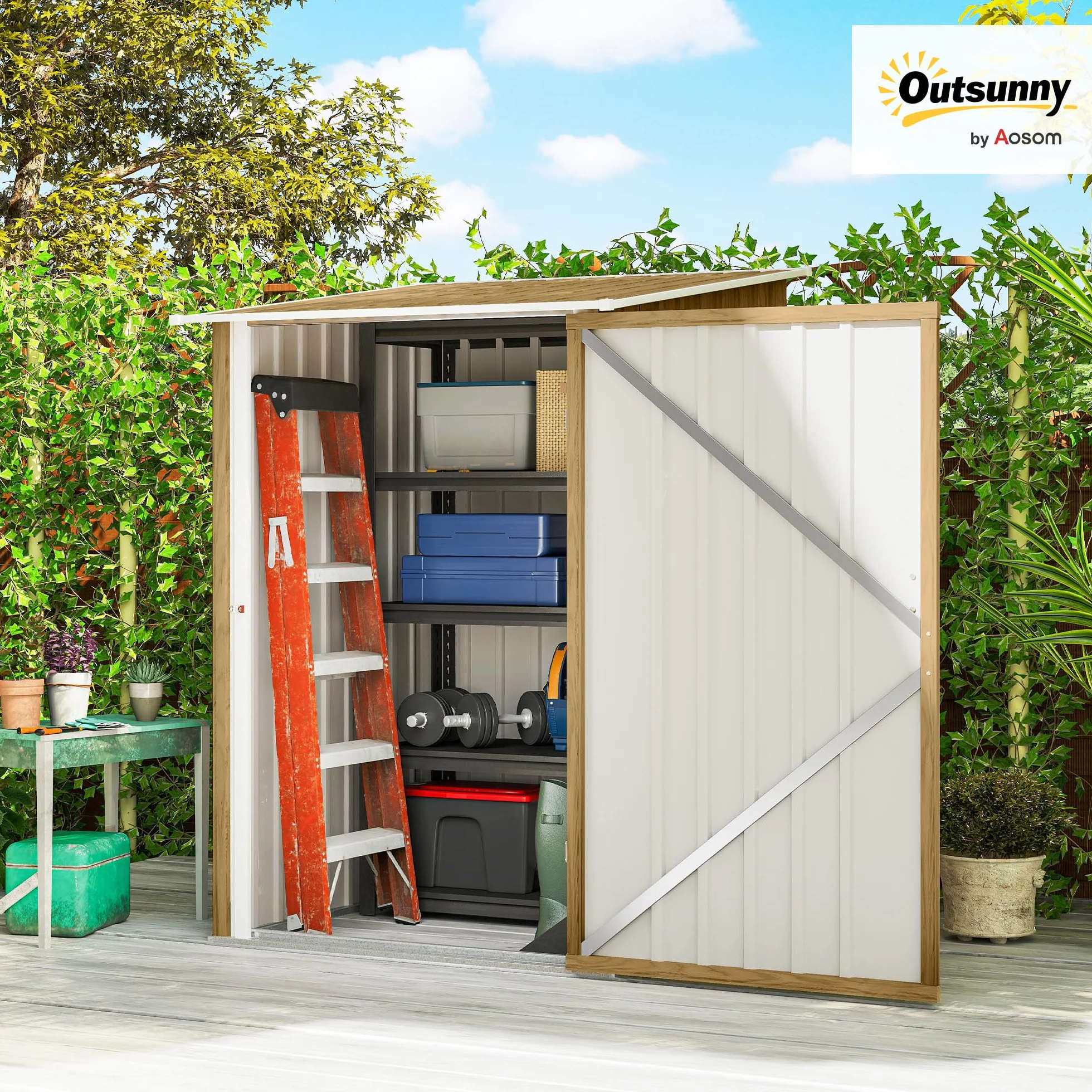 Outsunny Casetta da Giardino 0.92m² Acciaio Zincato 100x104x160 cm Marrone Chiaro Effetto Legno