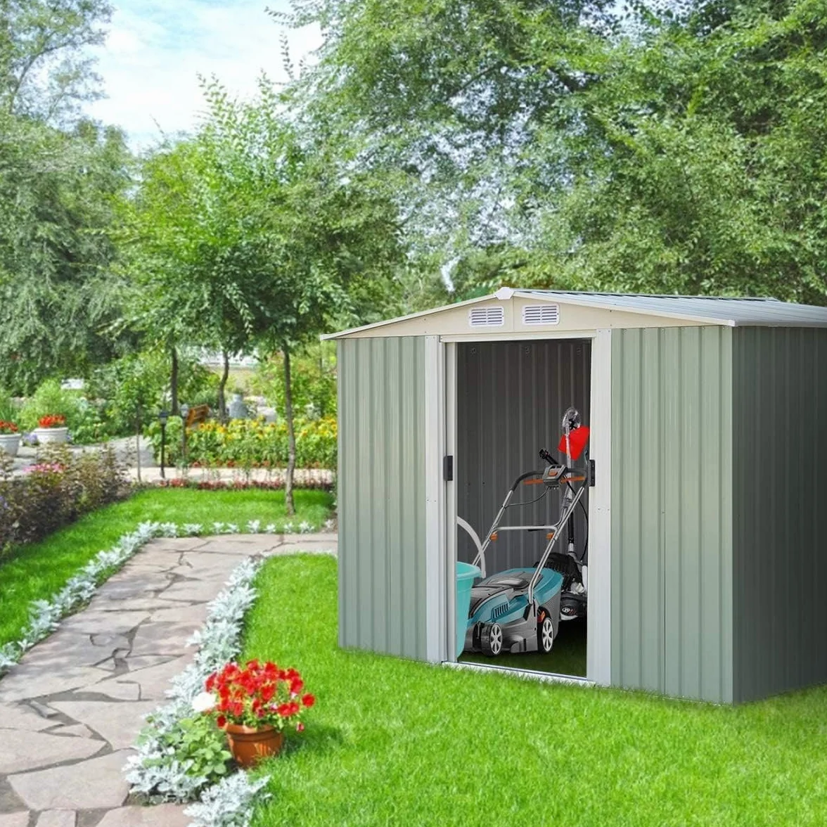 RELAX4LIFE Casetta da Giardino 5.26 m² 9.246 m³, 257x205x175,5 cm, in Lamiera d'Acciaio con 2 Porte Scorrevoli e 4 Sfoghi, Tetto Inclinato, per Porta Attrezzi, Tosaerba