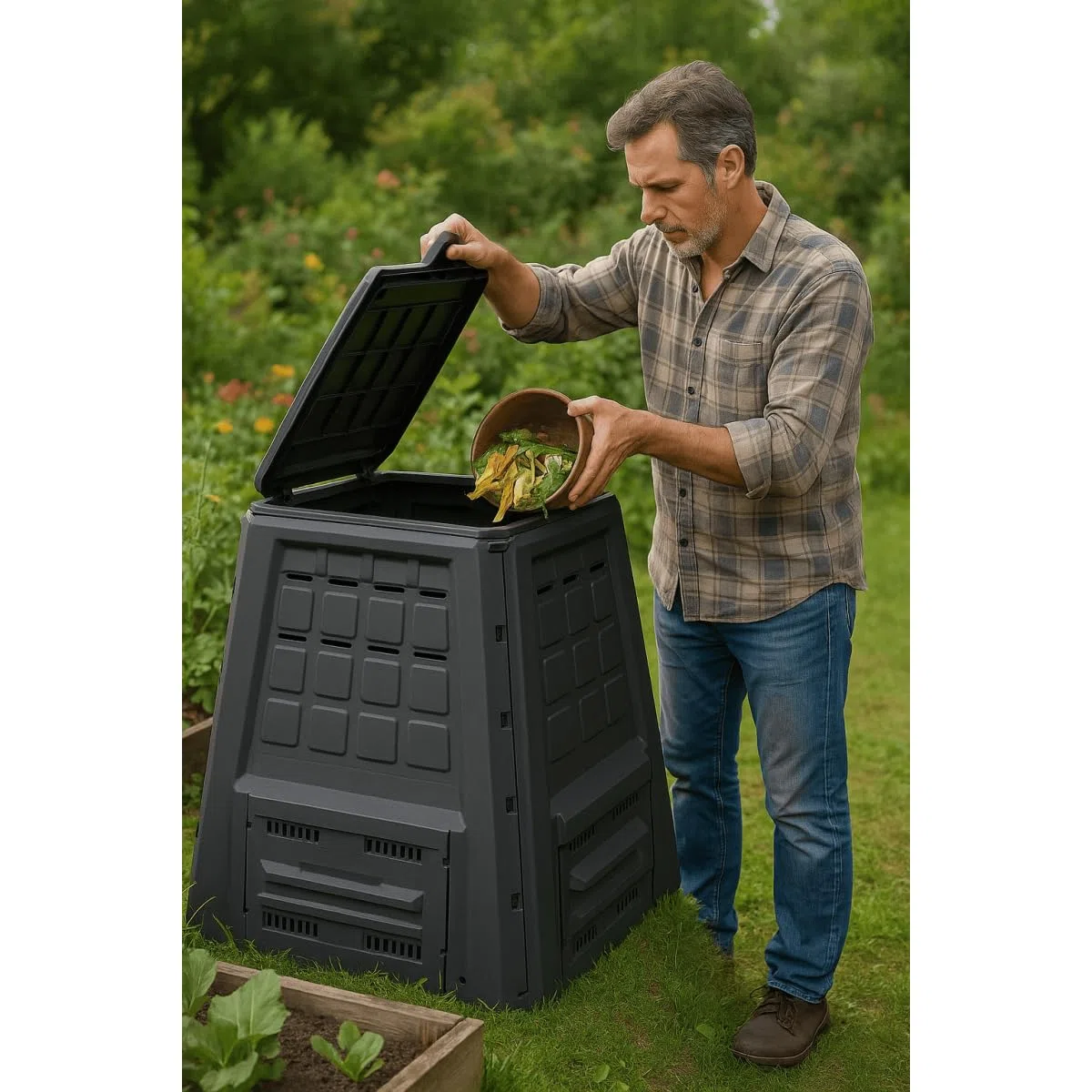 INTEC : Composter da giardino 380 L XXL Antracite. Vassoio per compost in plastica riciclata durevole con ventilazione ottimale per rifiuti. Comodo doppio accesso (coperchio superiore e trappa)