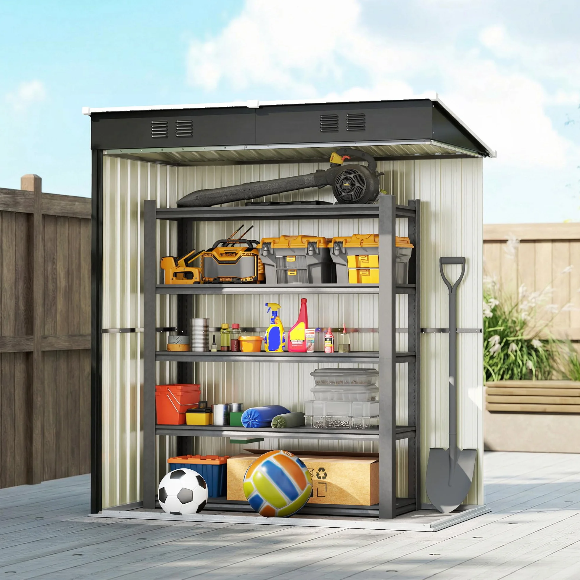 Outsunny Casetta da Giardino 1.37m² in Acciaio Zincato con Prese d'Aria, Capanno da Giardino con Porta Bloccabile, Tetto Inclinato, Guanti, Capanno Attrezzi da Esterno, 163x90x179 cm, Grigio Scuro