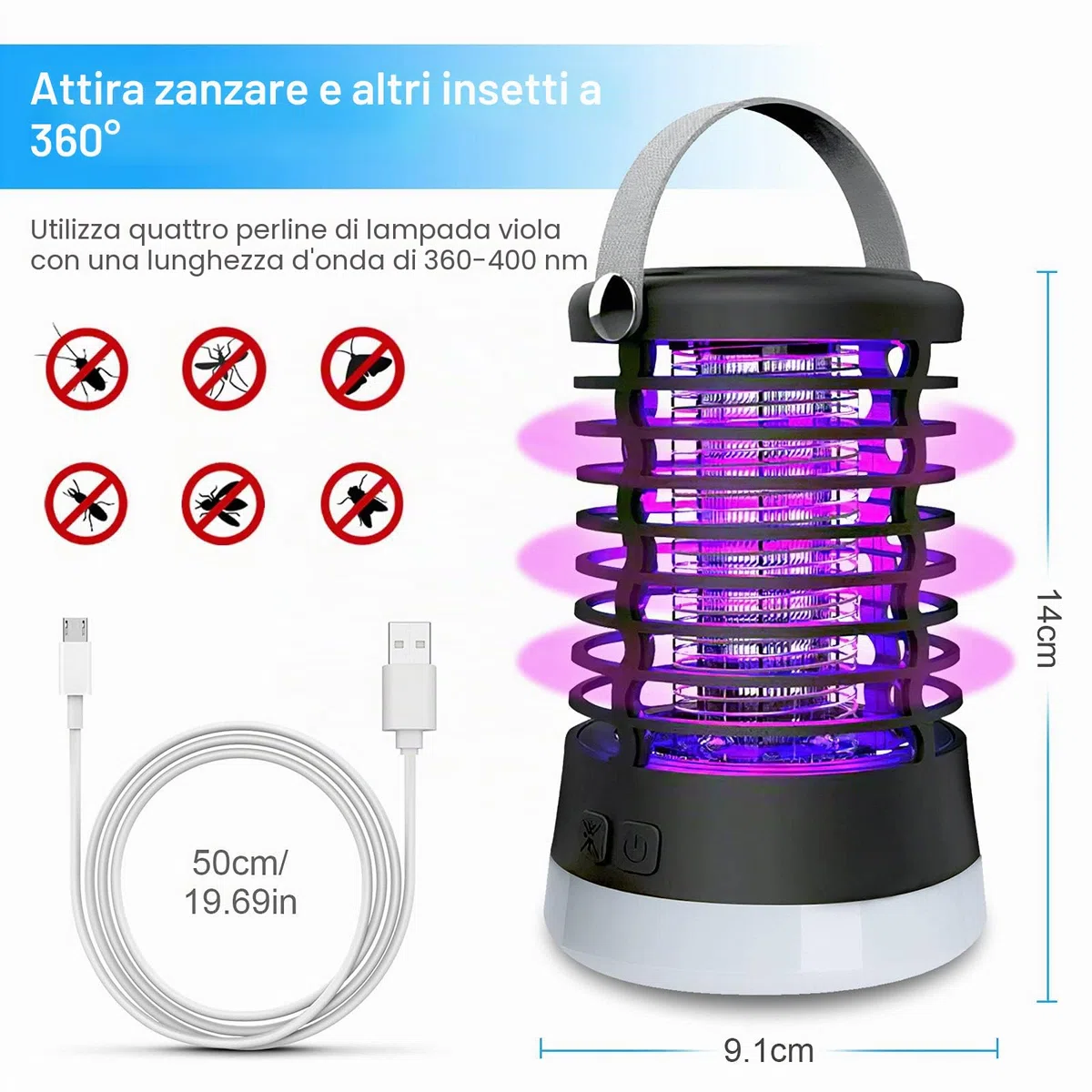 Lampada Antizanzare Elettrica per il Campeggio, 3 in 1 USB Zanzariera Elettrica IP66 Impermeabile Trappola per Zanzare Ricaricabile, 3 Modalità di Uccisione Degli Insetti Mosca Interni