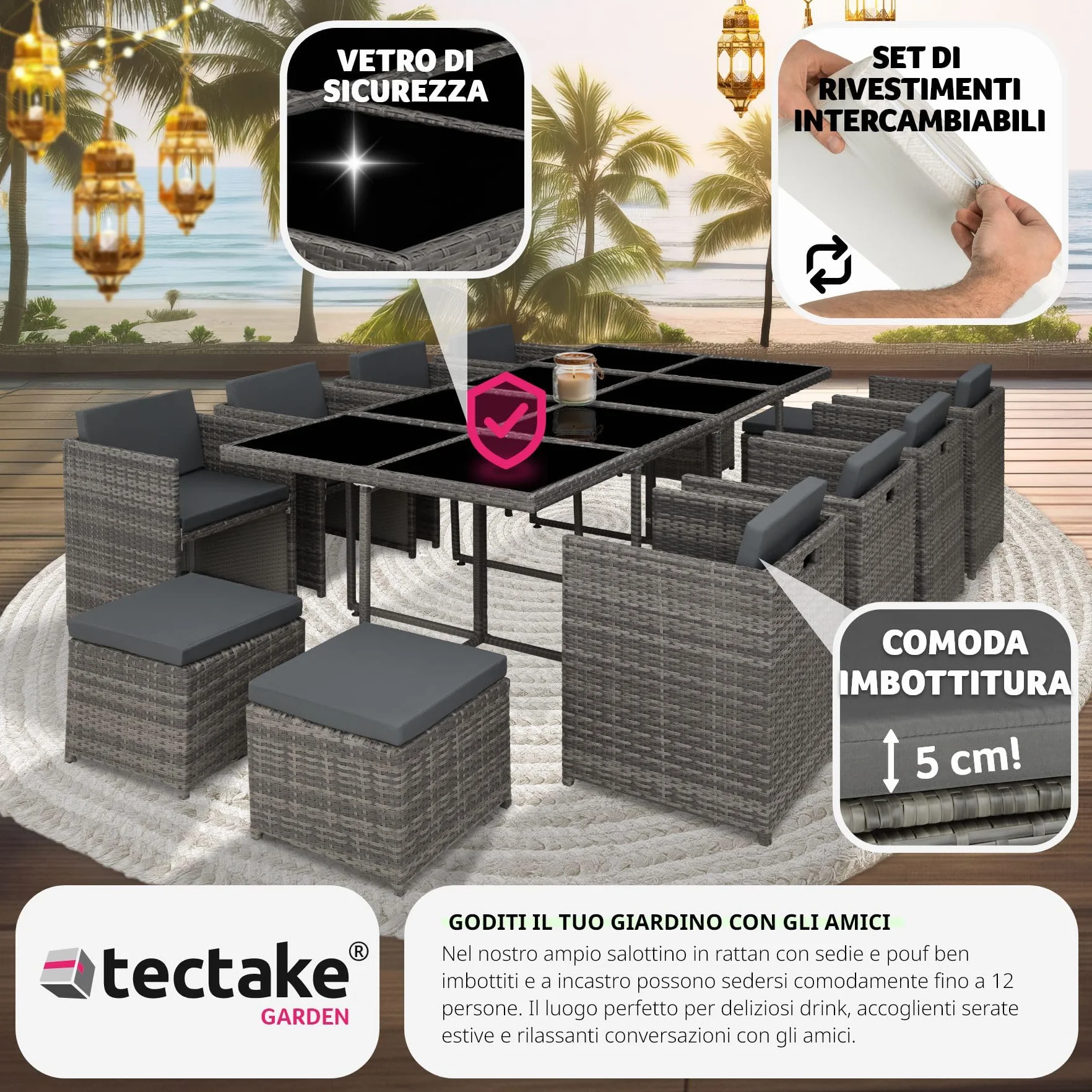 Tectake Set Mobili da Giardino in Poli Rattan 8 Sedie 1 Tavolo 4 Sgabelli Rivestimenti Rimovibili Idrorepellenti Grigio