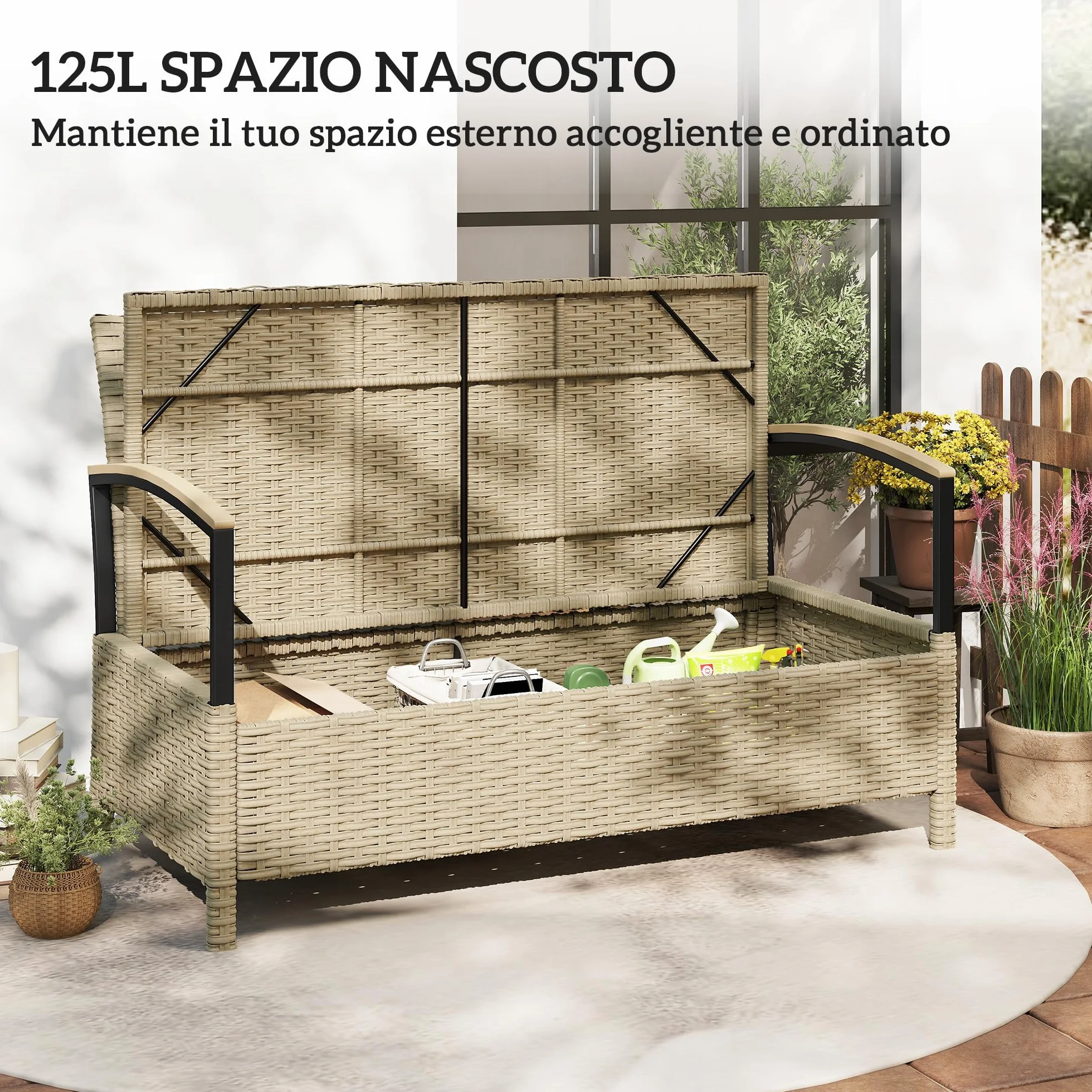 Outsunny Baule da Esterno, Panca Contenitore da Giardino 125L, Divanetto 2 Posti in Rattan PE con Cuscino Imbottito, Struttura in Metallo per Patio, Giardino e Balcone, Cachi