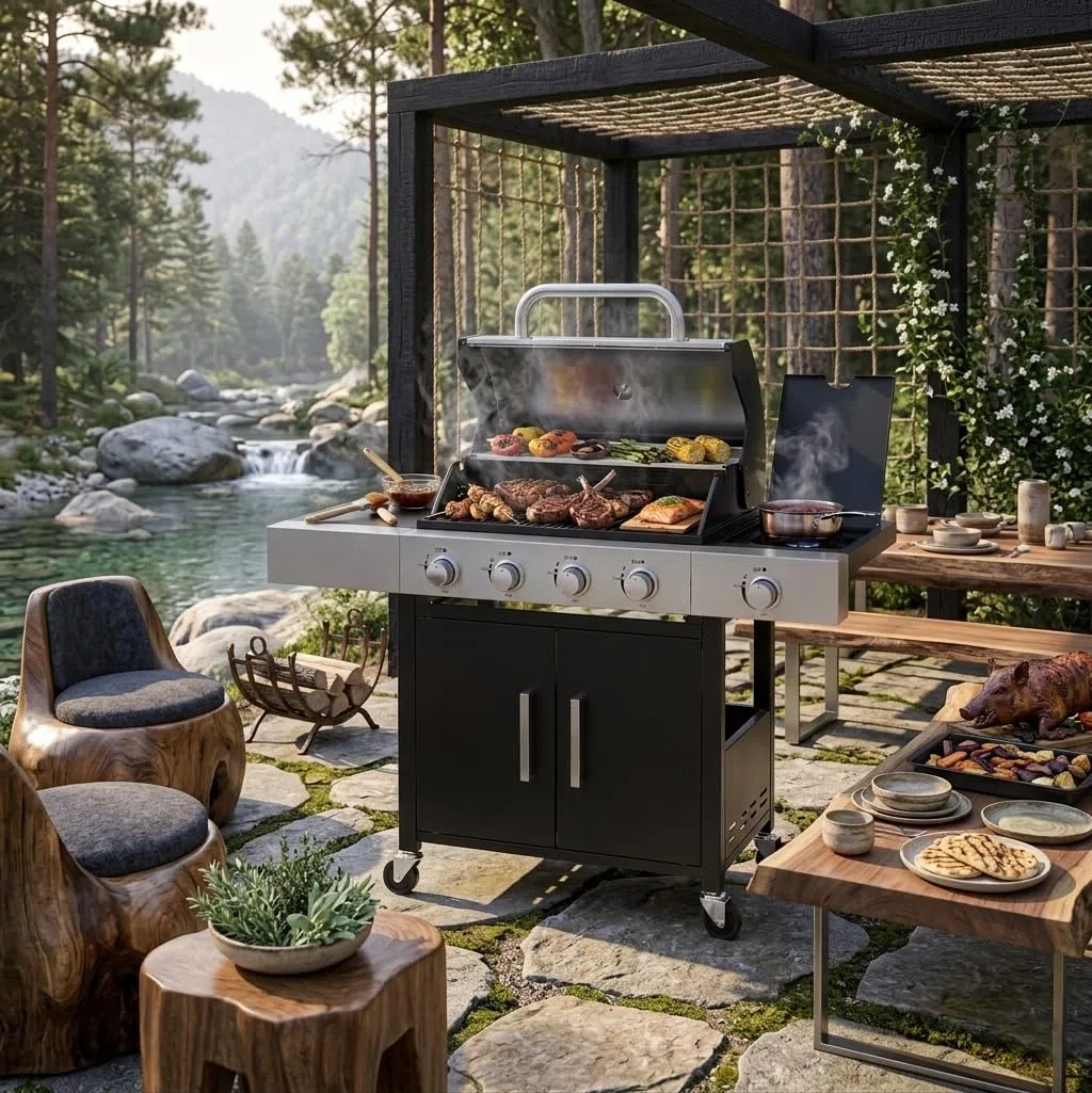 Meridiana Barbecue a Gas Professionale XXL 5 Fuochi 13 KW con Bruciatore Laterale Griglia Acciaio Ghisa