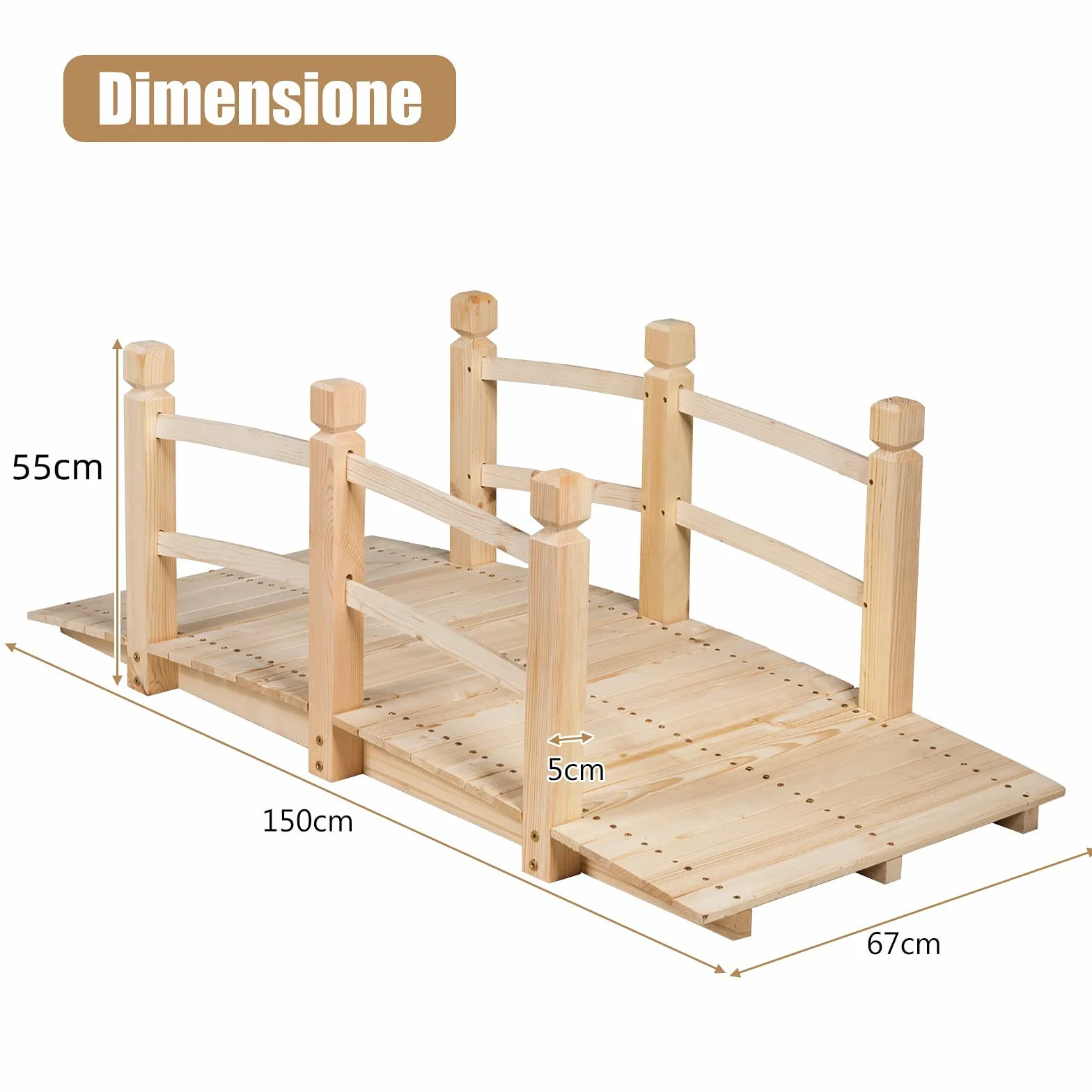 GYMAX Ponte da Giardino in Legno Lungo 150cm，Ponte Paesaggio Antico, Decorazione per Esterno (Naturale)