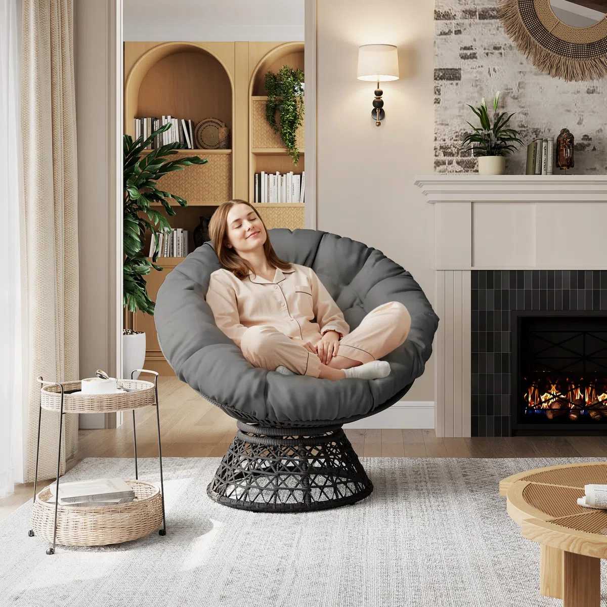 Yaheetech Poltrona da Giardino Girevole 360° Rattan Sedia a Dondolo Rotonda Papasan Cuscino Diametro 120 cm Nero Grigio