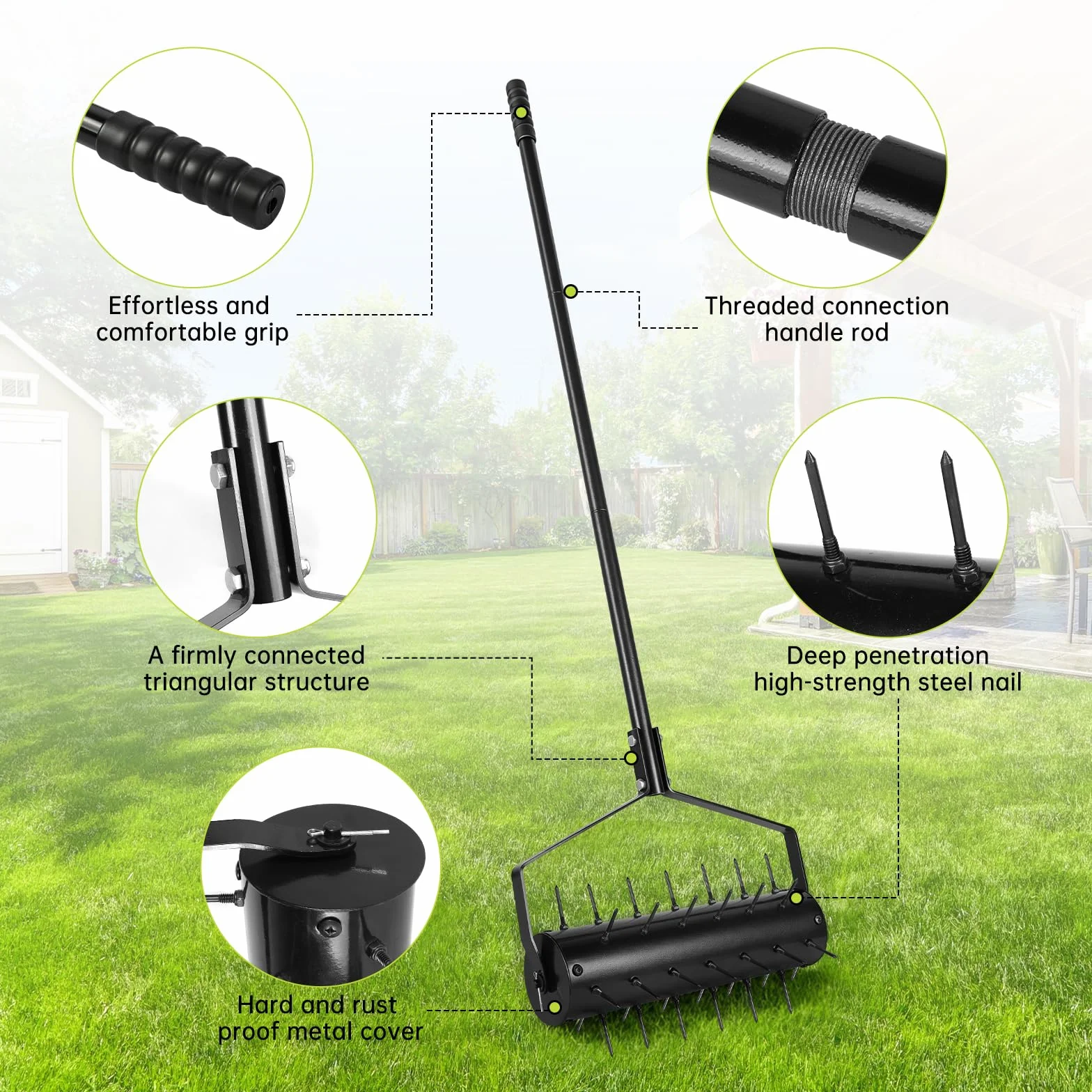 Arieggiatore Manuale a Rullo per Prato 44 x 141 cm – Verticutatore a Mano con 39 Punte (5,8 cm) e Manico – Rullo Arieggiatore – Diserbante per Giardino, Cortile, Terrazza