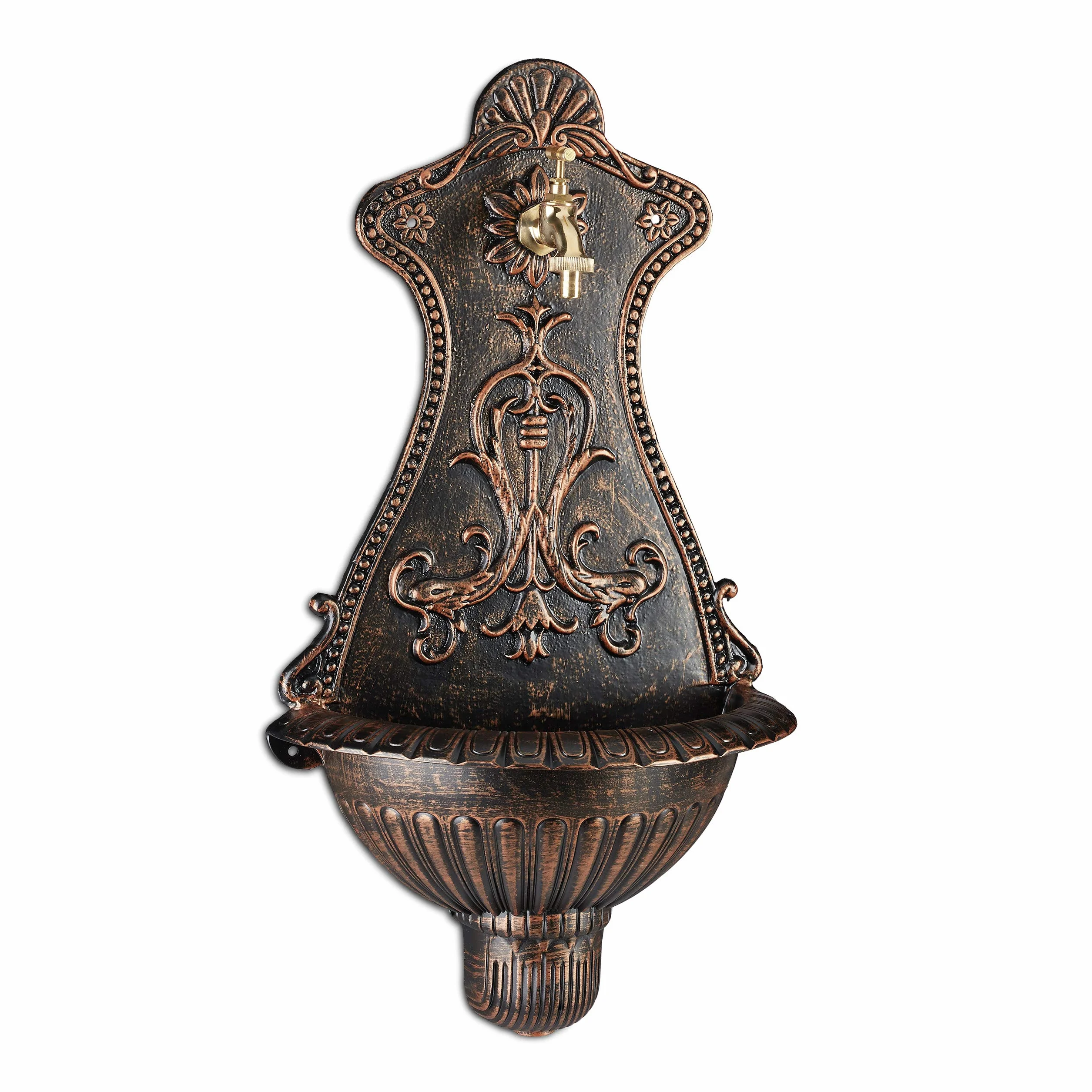 Relaxdays Fontana da Parete, Giardino, Stile Antico, Rubinetto, Vaschetta, da Parete, HxLxP: 66 x 37 x 19,5 cm, Bronzo