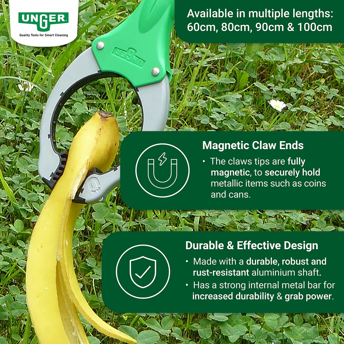 UNGER NiftyNabber Trigger Pinza multiuso (lunghezza 93 cm, Pinza per rifiuti, con punta magnetica, testa di presa girevole a 360°, molto robusta) NT090