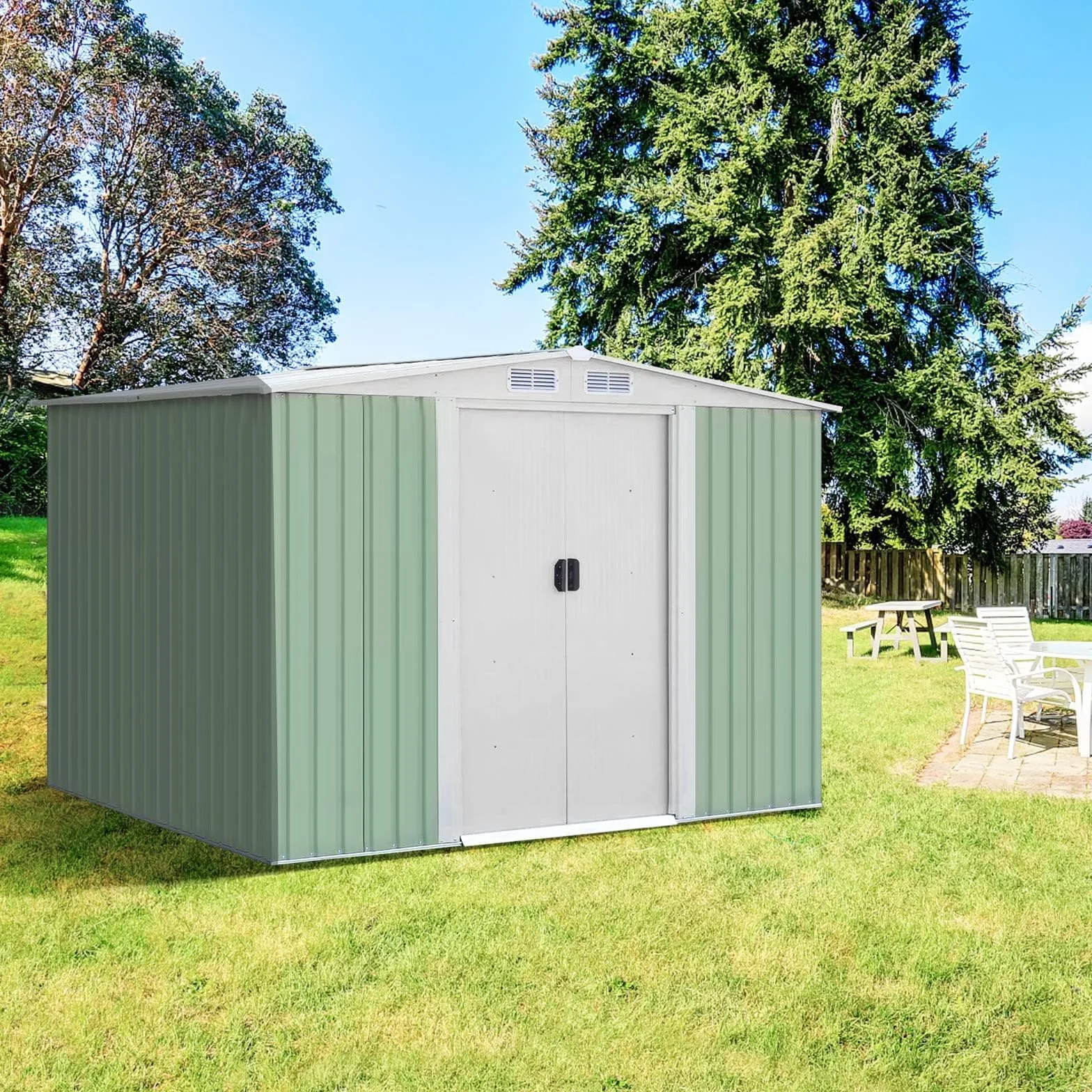 RELAX4LIFE Casetta da Giardino 5.26 m² 9.246 m³, 257x205x175,5 cm, in Lamiera d'Acciaio con 2 Porte Scorrevoli e 4 Sfoghi, Tetto Inclinato, per Porta Attrezzi, Tosaerba