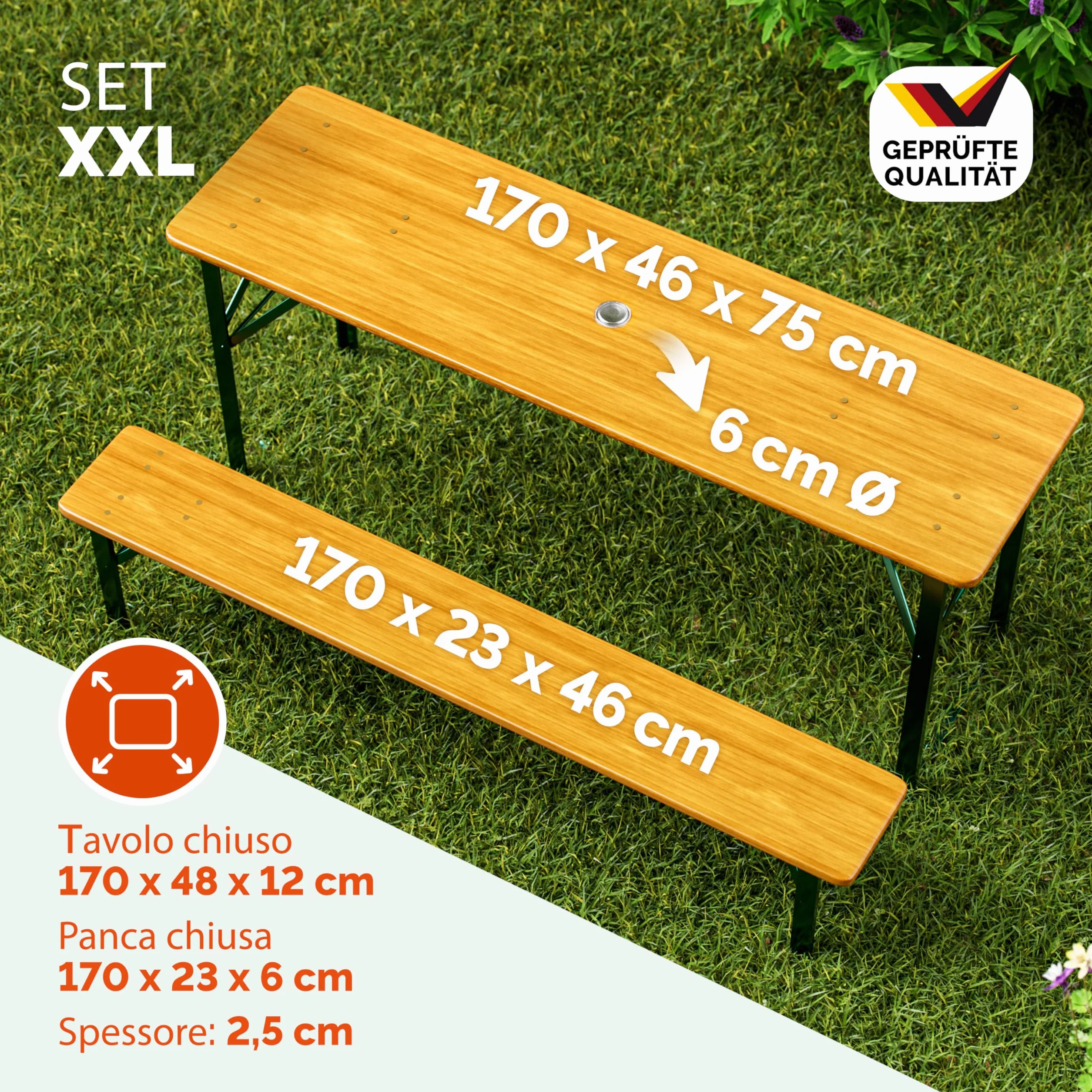 Casaria Pieghevole Set Tavolo da Birreria 170cm con Foro Ombrellone 2x Panche in Legno da Giardino