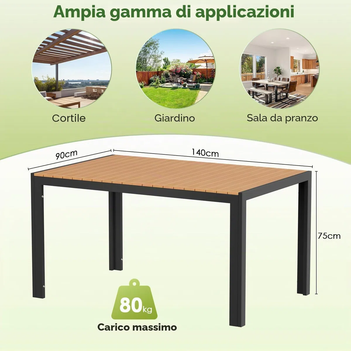 LIFERUN Tavolo da giardino grande, resistente alle intemperie, 140 x 90 x 75 cm, in alluminio, con piano in WPC, tavolo da pranzo rettangolare, per 6 persone, robusto giardino, terrazza, balcone