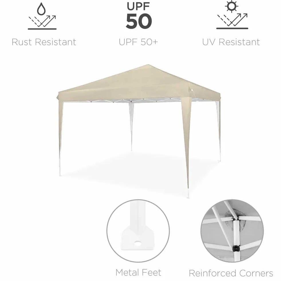 BAKAJI Gazebo 3x3m Pieghevole Impermeabile Poliestere Struttura Metallo Portatile Giardino Esterno Beige