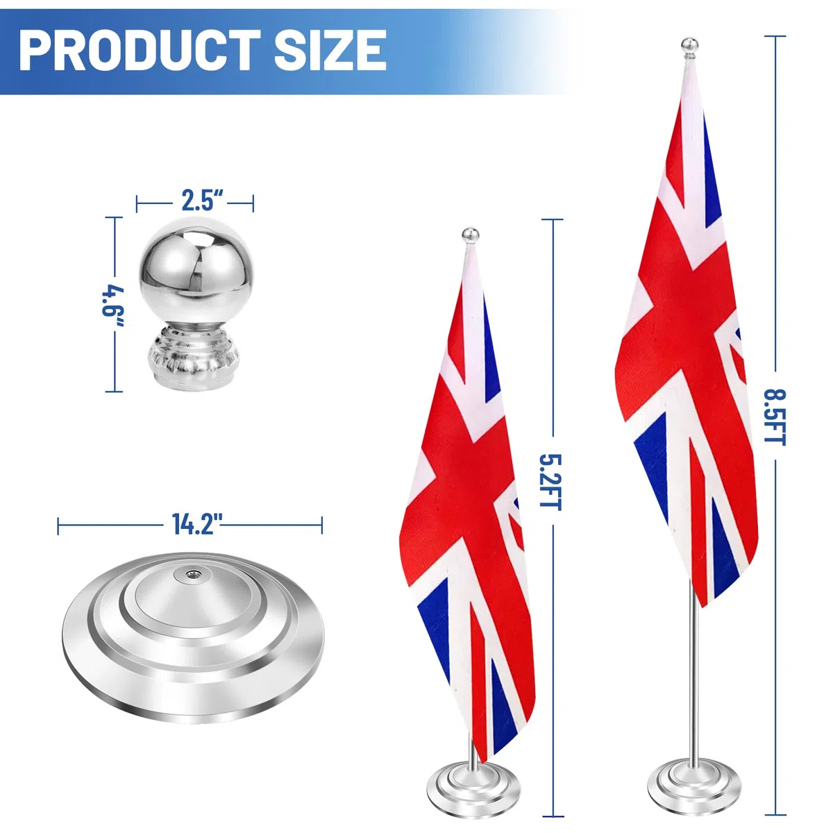 Kit asta bandiera da interni in acciaio inox, altezza 200-252 cm, base ponderata