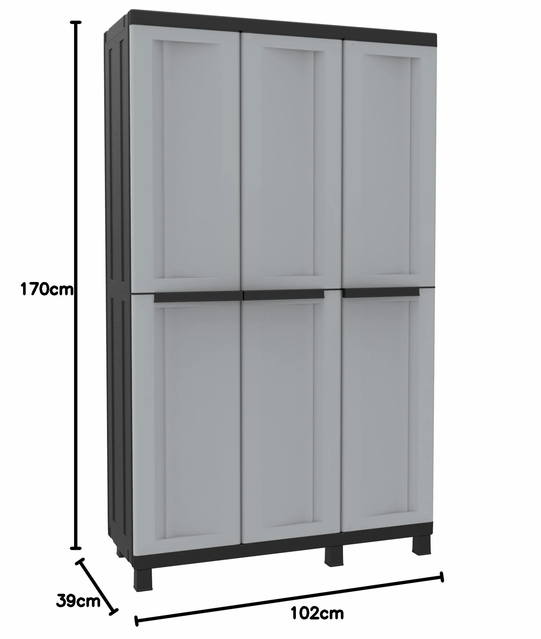 Terry - Twist Black 102a, Armadio Multifunzione a 3 Ante, Portascope con 2 Vani Separati, da Esterno e Interno Coperto, in Plastica, 102x39x170 cm