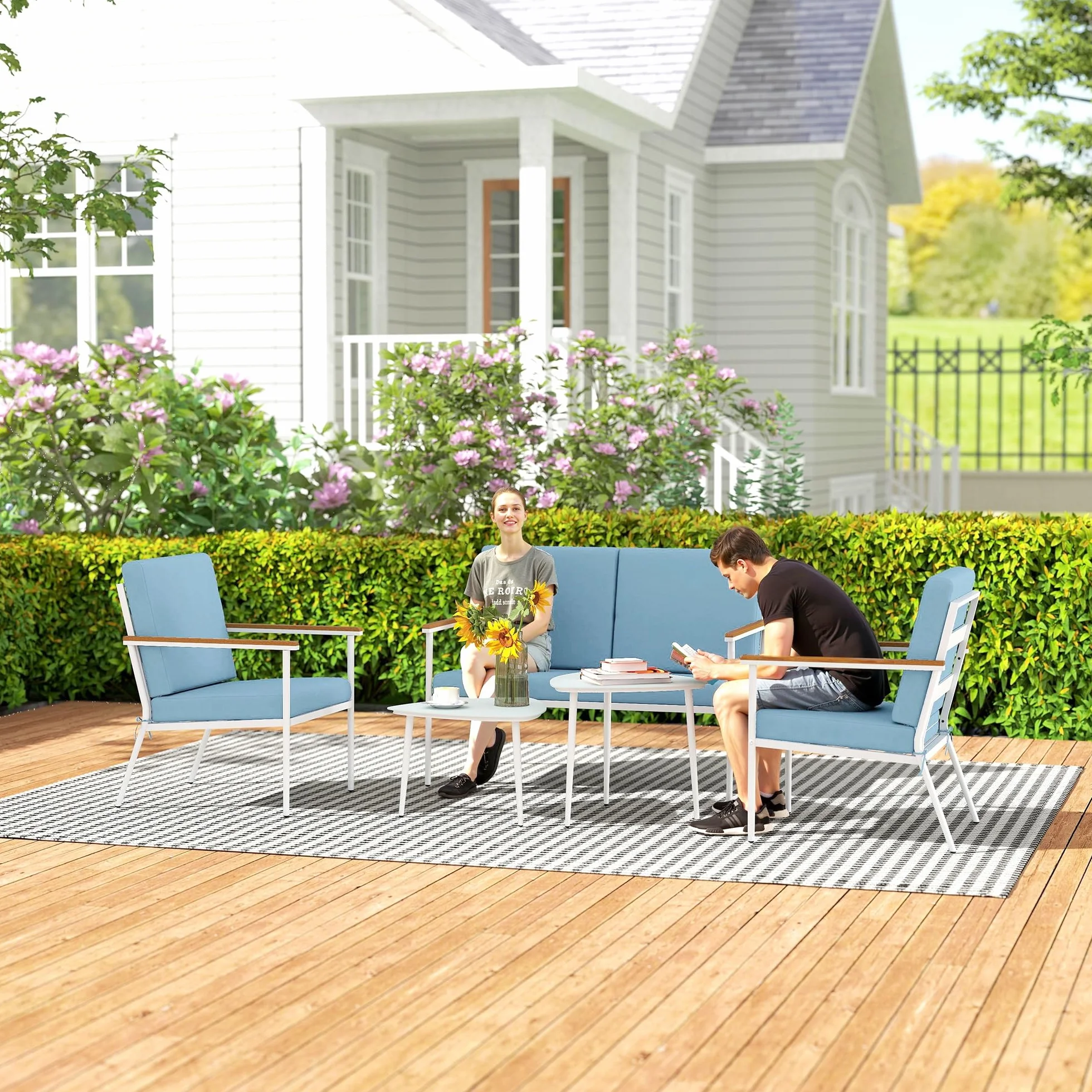 Outsunny Set Salotto da Giardino 5 Pezzi con Divanetto 2 Posti, Poltrone e Tavolino in Vetro, Azzurro