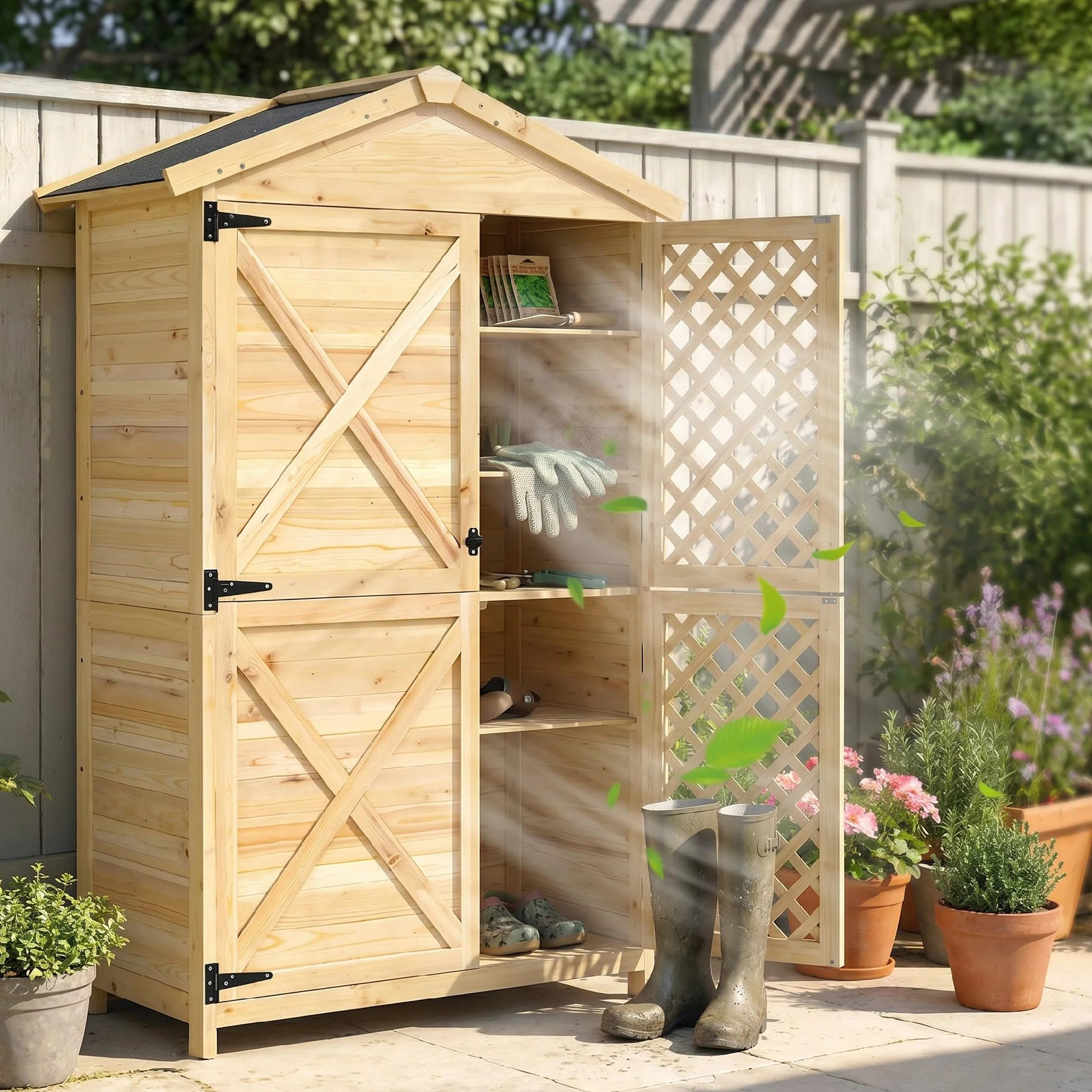 Outsunny Armadio da Giardino in Legno di Abete con Ante Ventilate e Kit Antiribaltamento, Casetta Porta Attrezzi da Esterno con Ripiani Rimovibili e Tetto Inclinato in Asfalto, Colore Legno