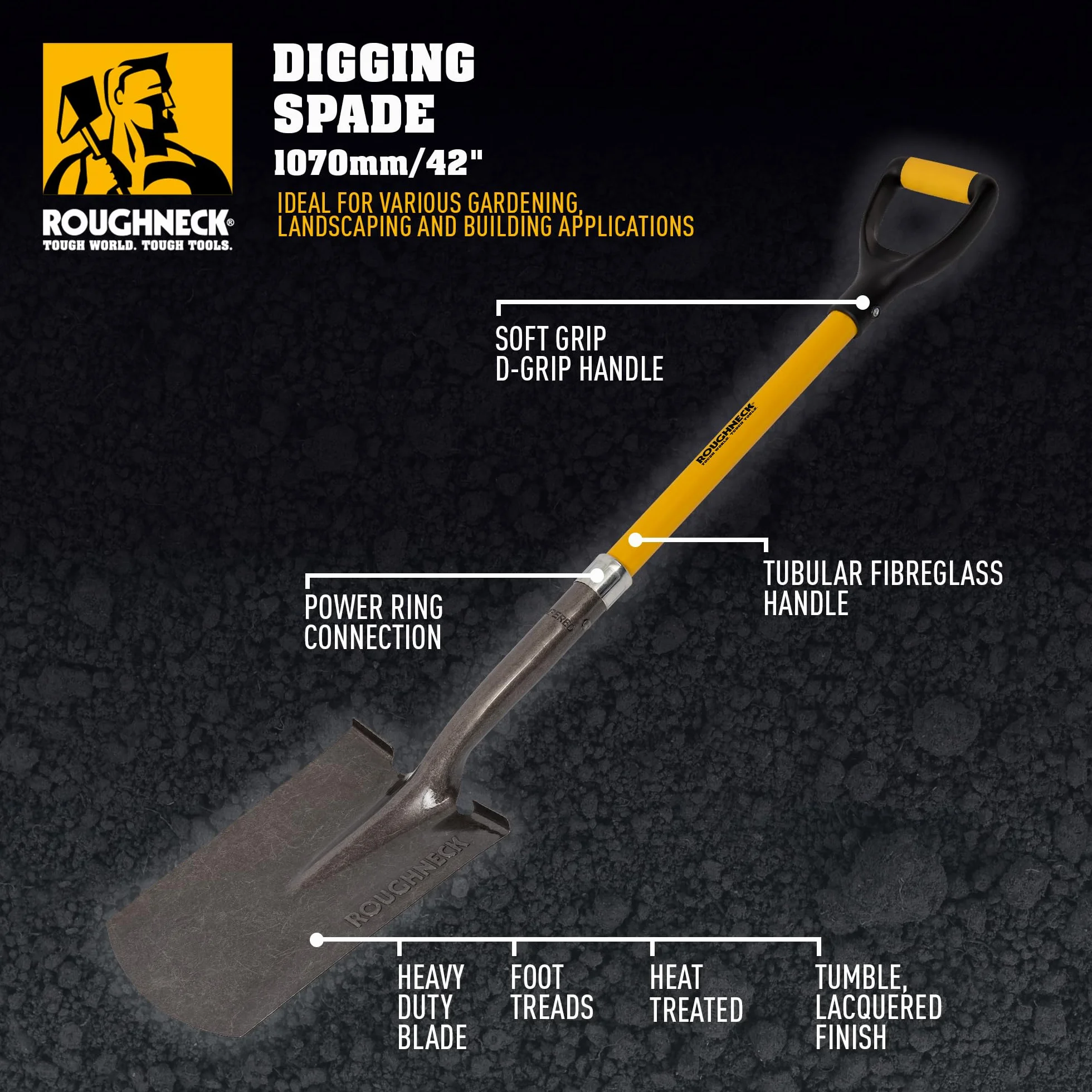 Vanga da scavo Roughneck 1070 mm (42") – Lama in acciaio al carbonio, attacco rinforzato, manico in fibra di vetro, battistrada antiscivolo per giardinaggio e paesaggistica