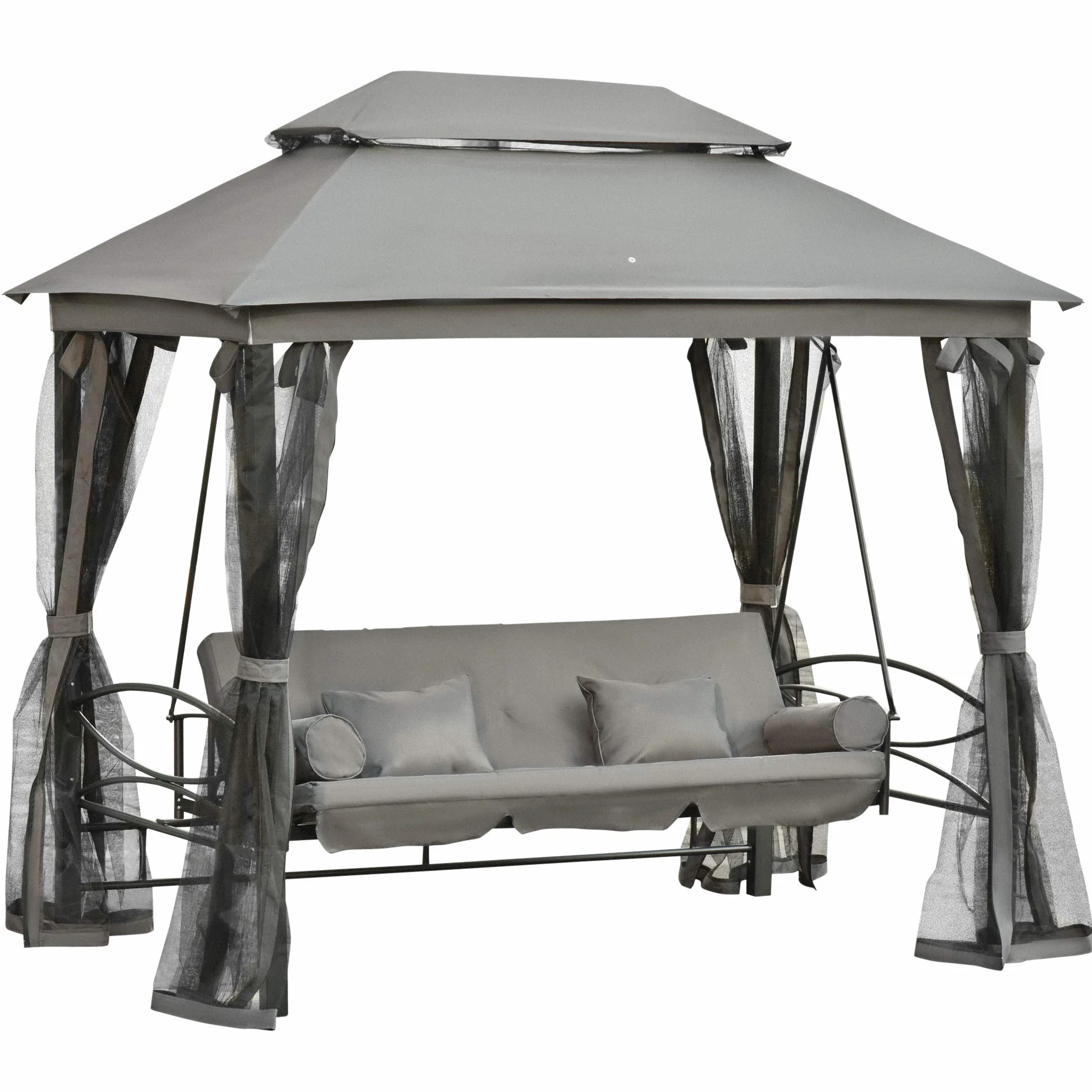 Outsunny Dondolo 3 Posti e Lettino Singolo Copertura a Gazebo con Zanzariera e Cuscini 256x172x248cm Grigio Scuro