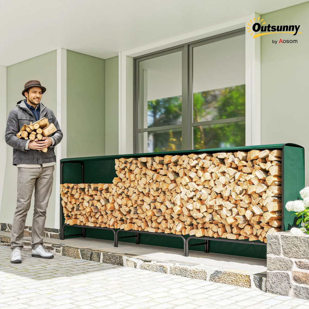 Outsunny Legnaia da Esterno in Metallo 1m³ 300x36x99 cm Nero e Verde Scuro