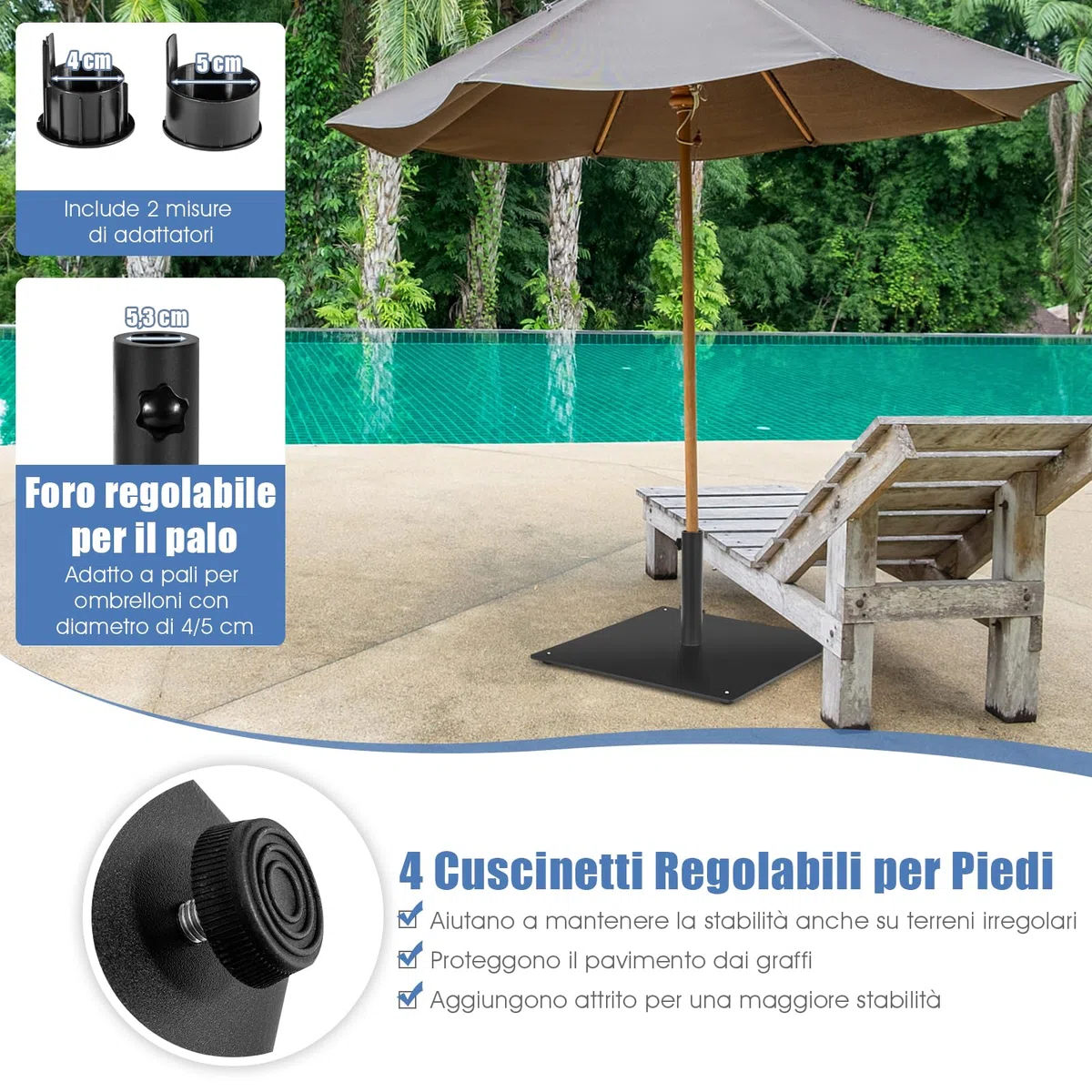 COSTWAY Base per Ombrellone Quadrata 50 cm, 16 kg con 4 Piedini Regolabili, Adattatori da 4cm/5cm, Supporto Ombrellone Installazione Veloce, per Patio Piscina (Nero)