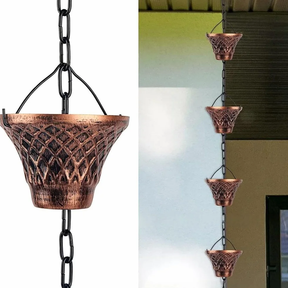 Catene da pioggia per esterni, catena per grondaia da 2,8 m, con 12 tazze a imbuto, catena di ricambio per grondaie, catena raccogli pioggia regolabile con campana per decorazioni da giardino