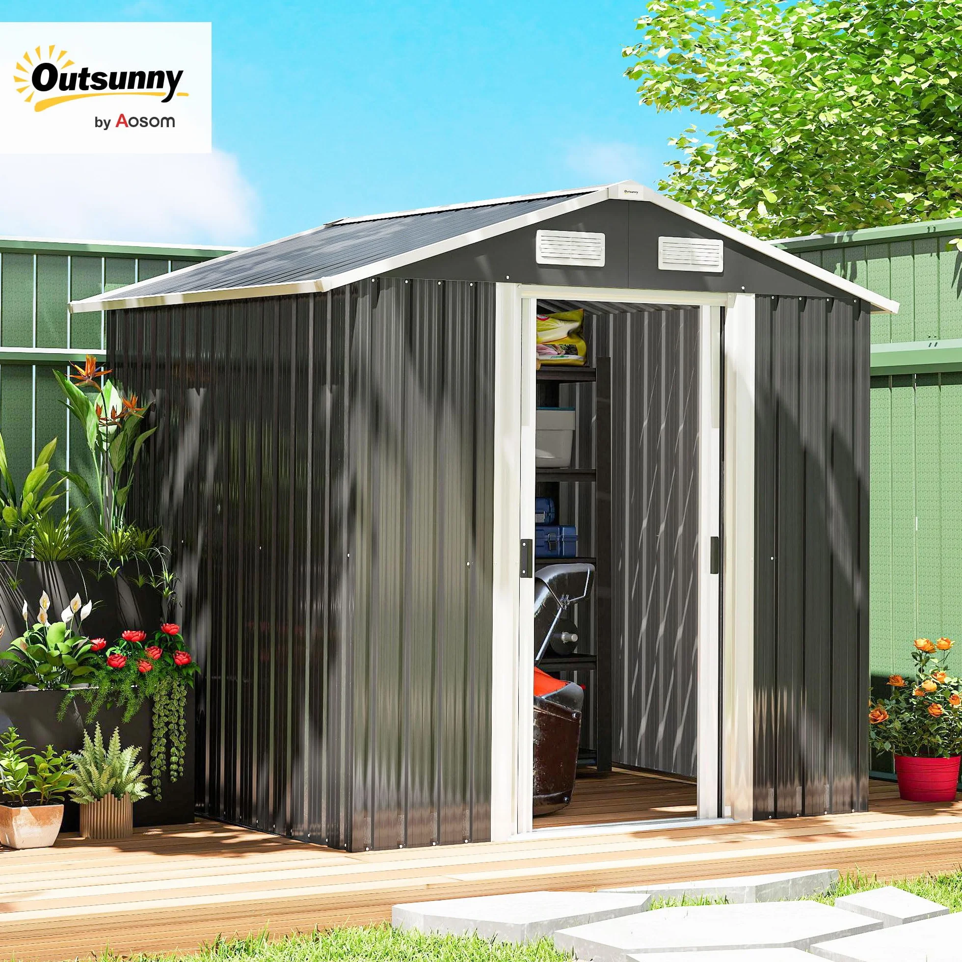 Outsunny Casetta da Giardino 2.8m² Acciaio Zincato con Prese d'Aria, Capanno Attrezzi 2 Porte Scorrevoli, 195.5x158.5x188 cm, Nero
