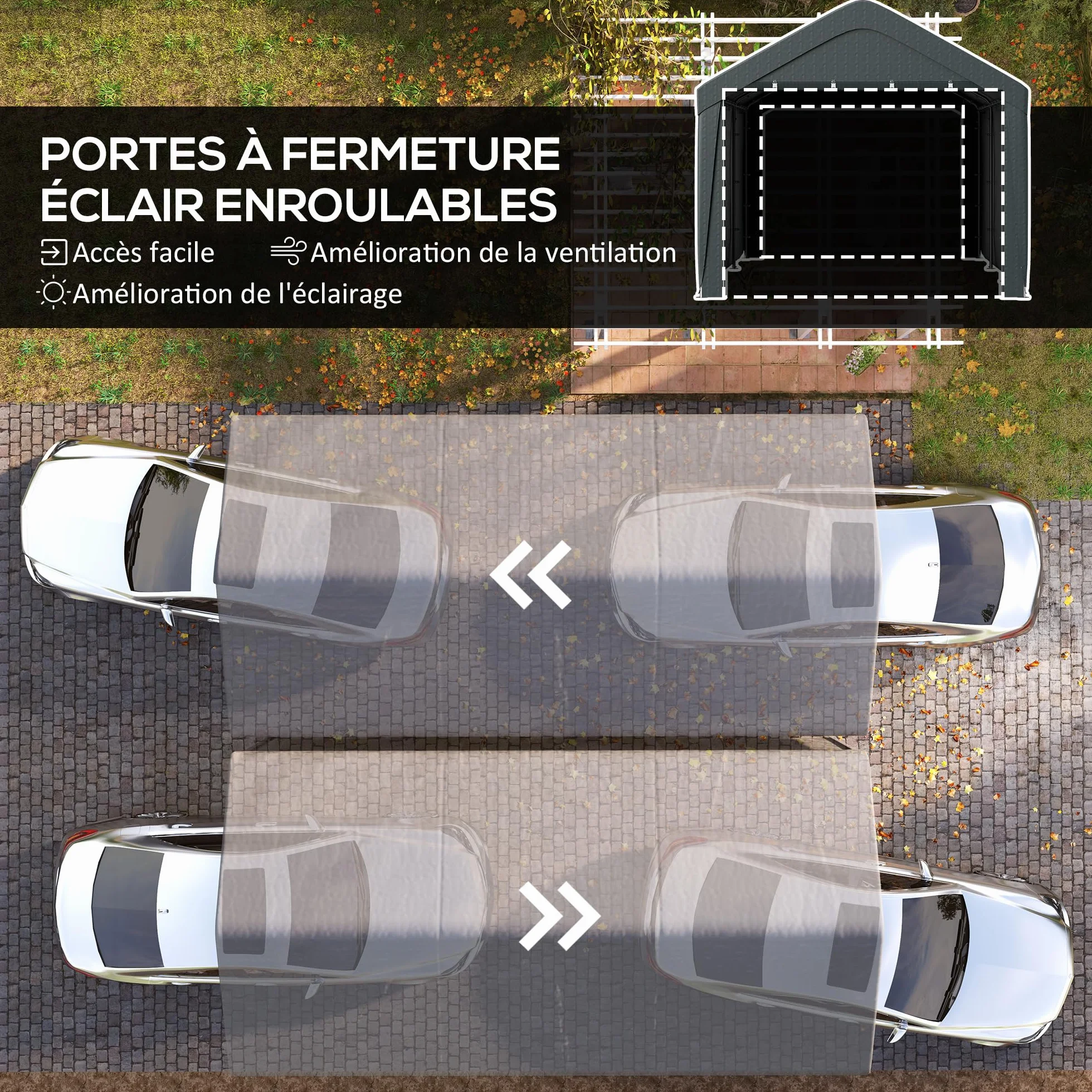 Outsunny Carport tenda da garage 3 x 6 m, tettoia per auto all'aperto, tenda di stoccaggio con pareti laterali rimovibili e 2 porte con cerniera avvolgibili, tettoia per auto, camion, barca, grigio