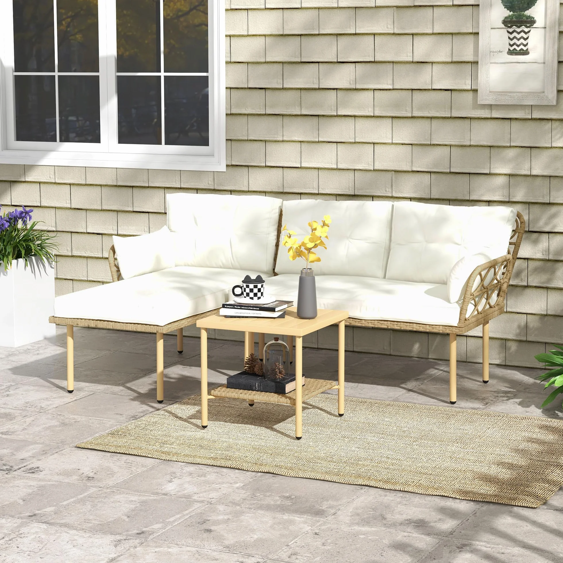 Outsunny Set Giardino Rattan 3 Pezzi Salotto Esterno Divanetto 2 Posti Chaise Longue Cuscini Lavabili Tavolino Caffè Crema