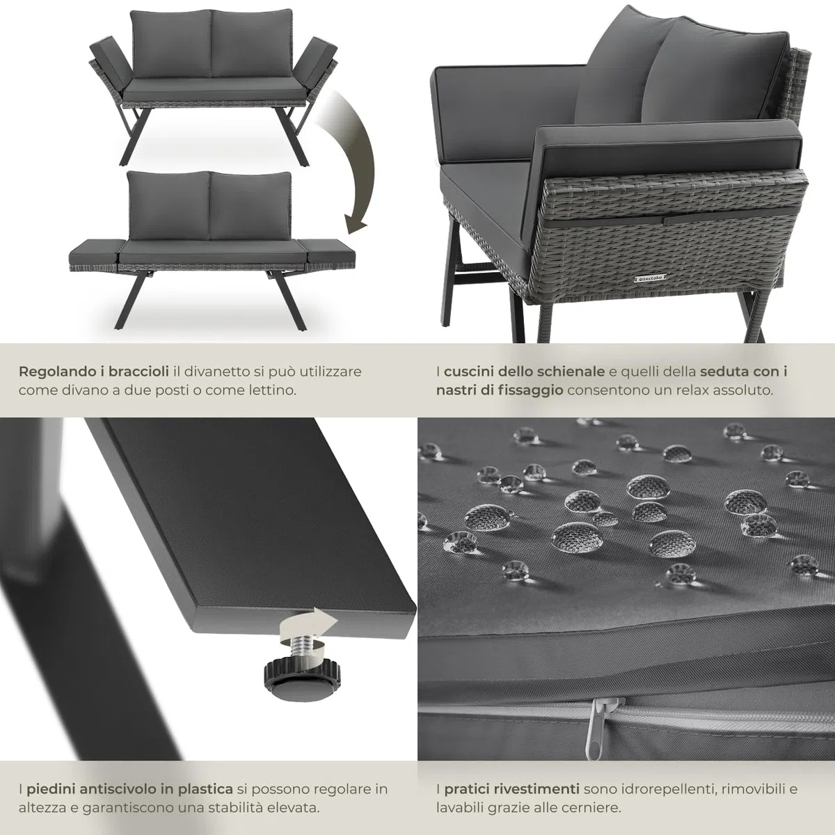 tectake® Divano Lounge in Rattan, 2 in 1, Braccioli Pieghevoli, Cuscini Morbidi, Imbottitura Spessa, Sofà in Polyrattan Resistente, Fodere Idrorepellenti, Arredamento Esterno e Interno - Grigio