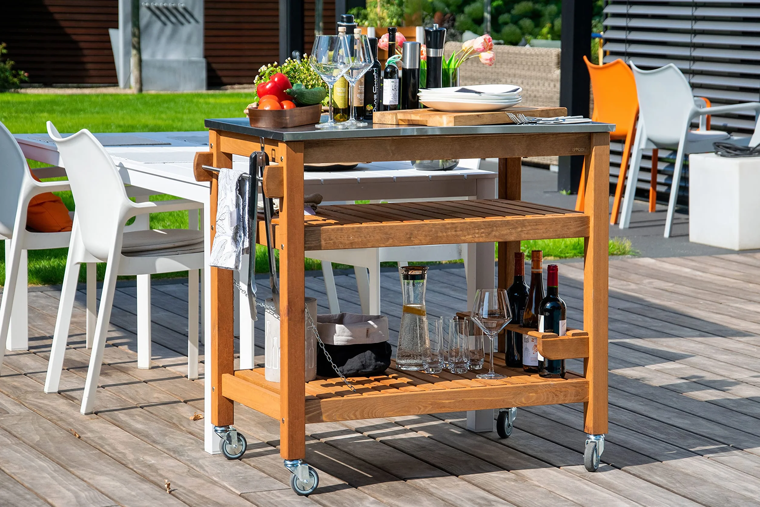 dobar® 35540FSCe Tavolo multifunzione con carrello arrotolabile legno massiccio piastra acciaio inox 94x58x90 cm Marrone