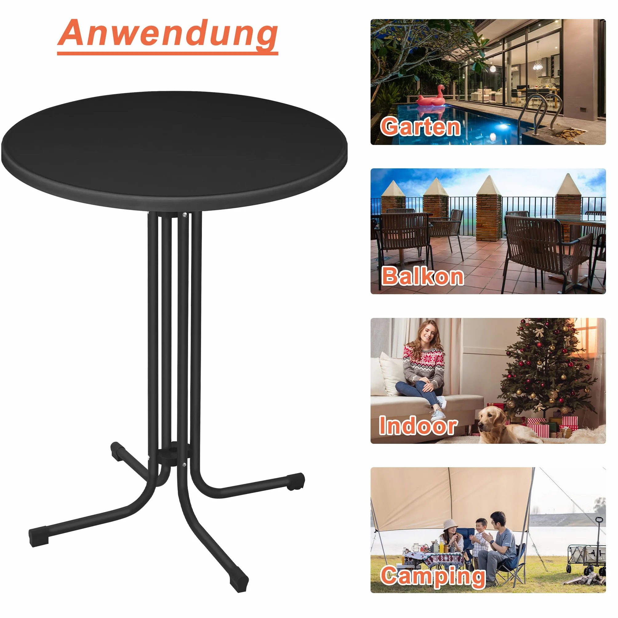 XMTECH Tavolo da bistrot pieghevole, Ø 80 cm, rotondo, altezza 110 cm, resistente alle intemperie, piedini regolabili in altezza, per interni ed esterni, colore nero