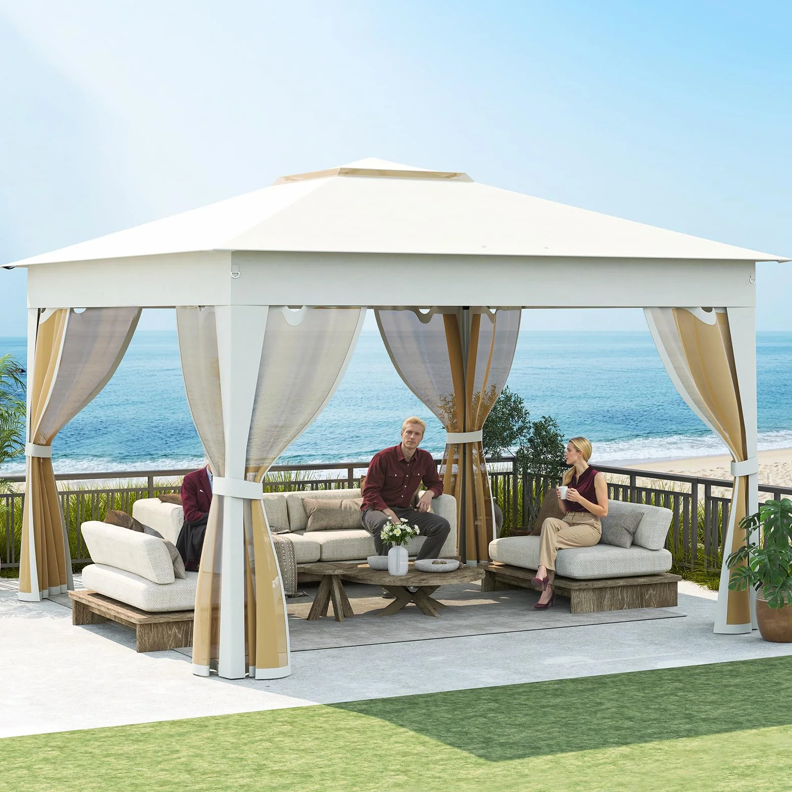 COSTWAY Gazebo Pieghevole 3,4 x 3,4 m con Zanzariera e Tende Laterali Tenda da Giardino Antivento 210D Beige