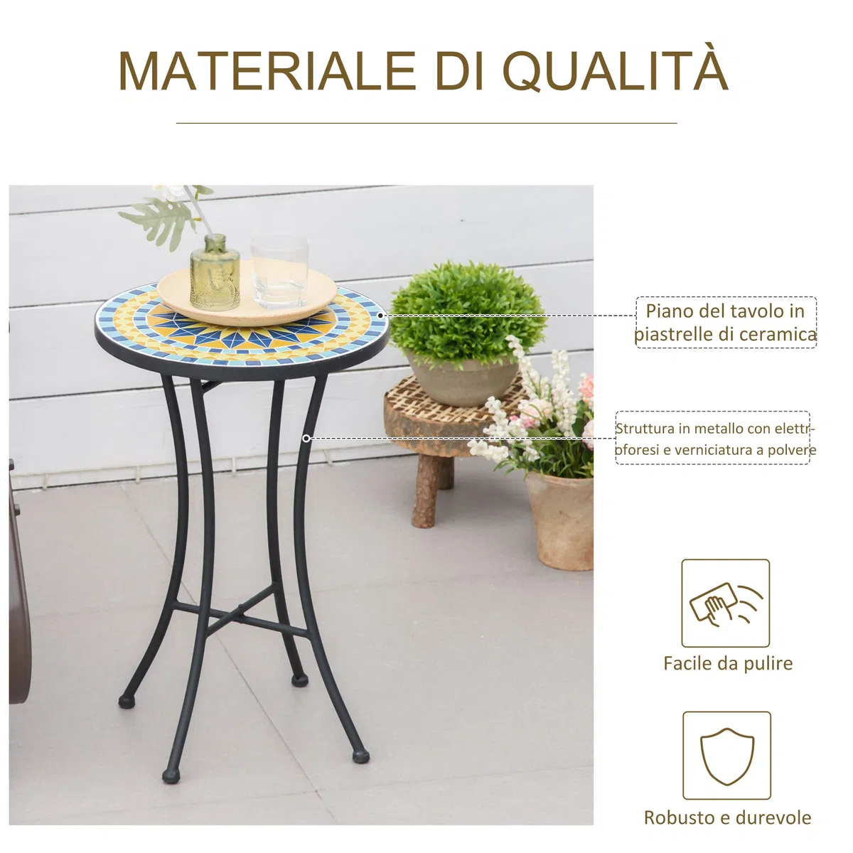 Outsunny Tavolino da Giardino in Metallo con Piano a Mosaico in Ceramica 35.5x53.5cm Multicolore